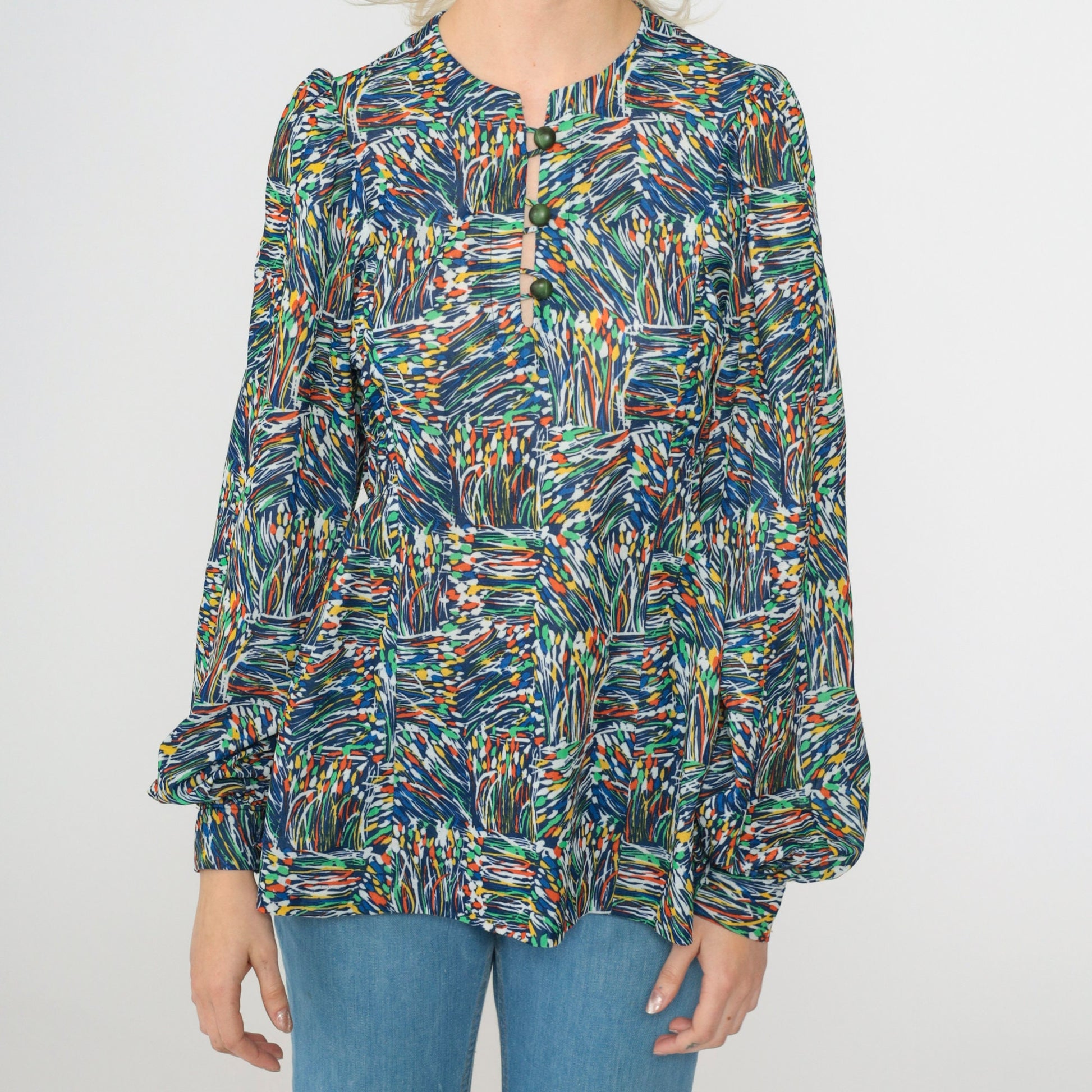 70s Blue Abstract Floral Puff Sleeve Button Up Blouse Small