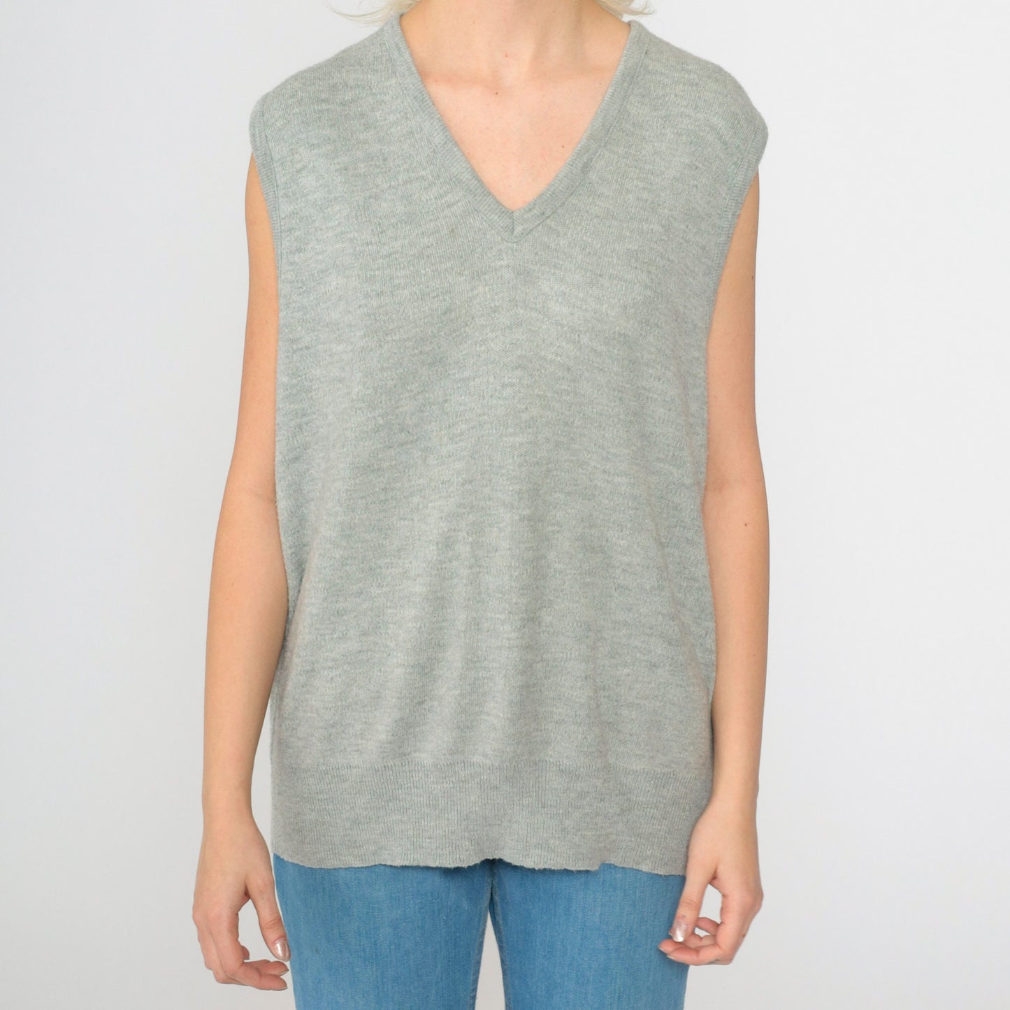 80s Grey V-Neck Sweater Vest Knit Tank Sleeveless Large