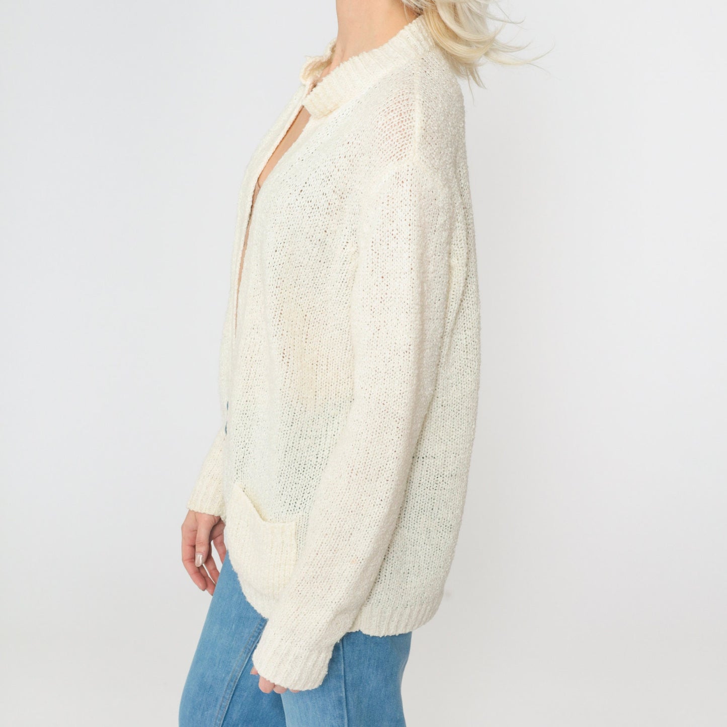 70s Le Roy Knitwear Cream Cardigan Knit Sweater Open Front Pockets Large L