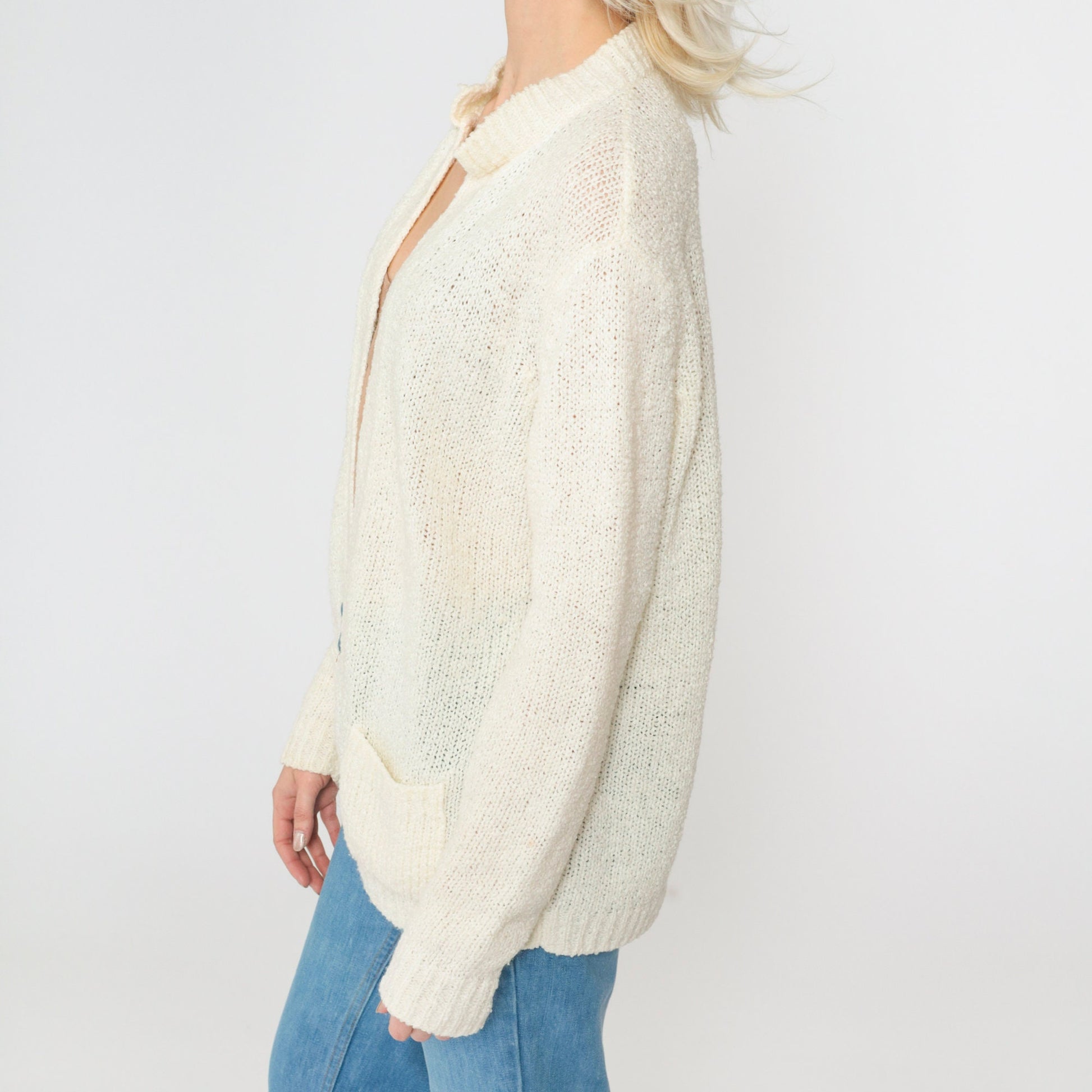 70s Le Roy Knitwear Cream Cardigan Knit Sweater Open Front Pockets Large L