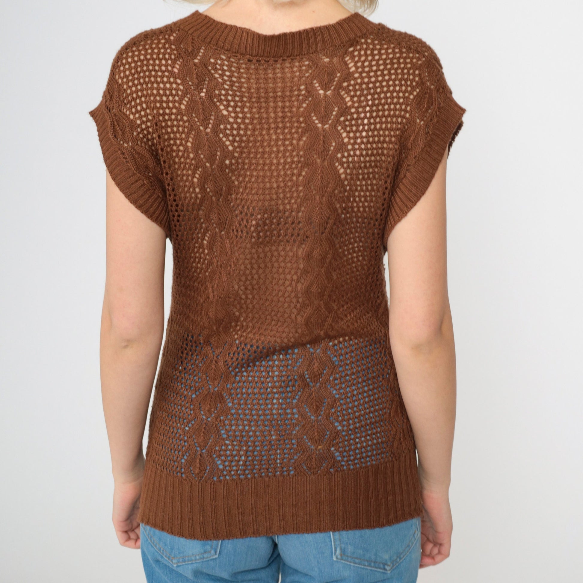 80s Brown Sheer Knit Sweater Vest V-Neck Cap Sleeve Extra Small