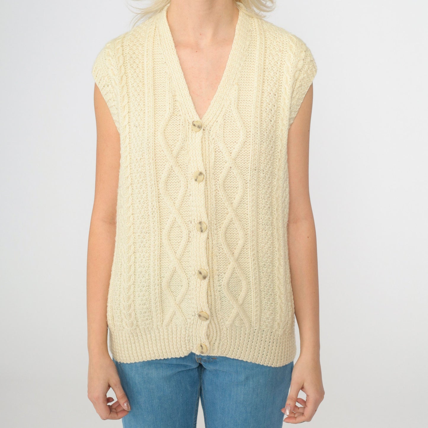 70s Cream Cable Knit Sweater Vest V Neck Button Front Wool Blend Small