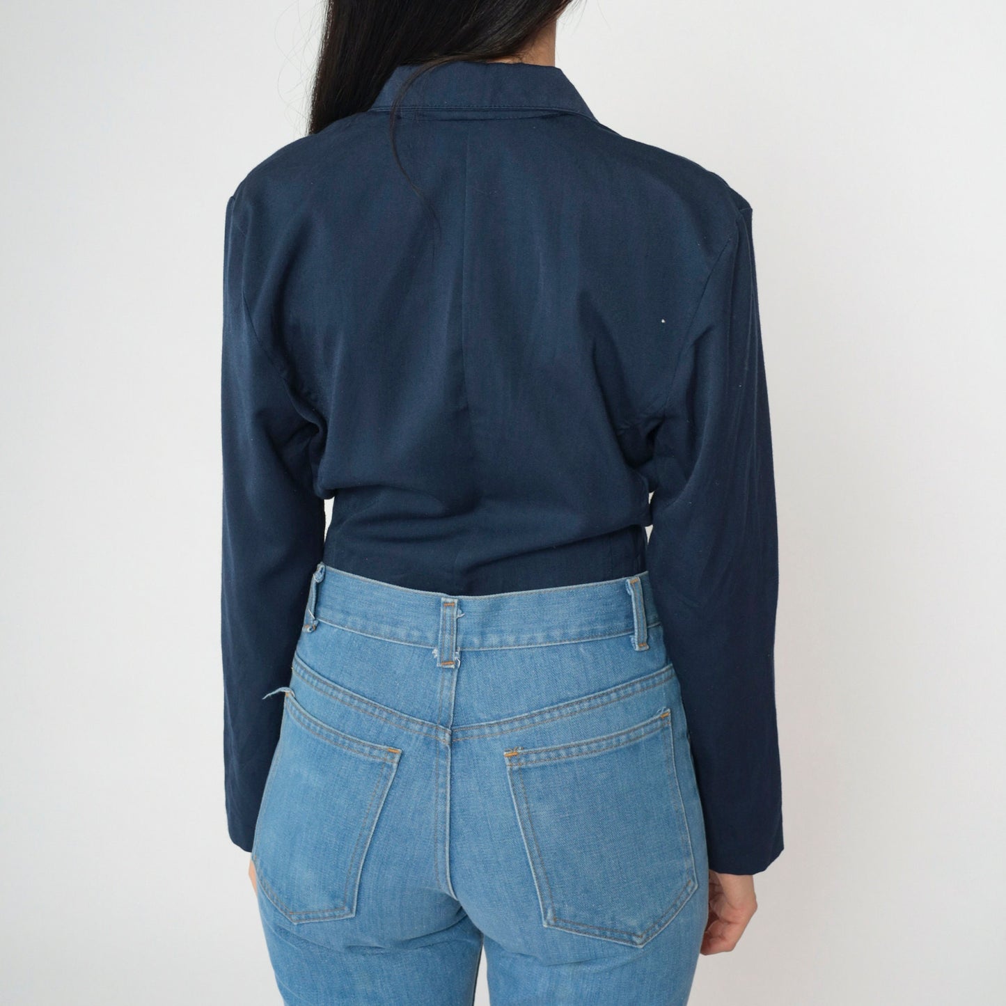 90s Navy Cropped Blazer Double-Breasted Gold Buttons Long Sleeve Small