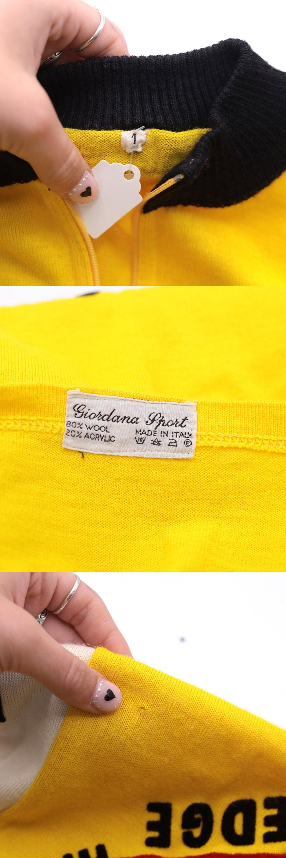 80s Giordana Sport Cycling Jersey Yellow Black Wool Blend Half-Zip Small
