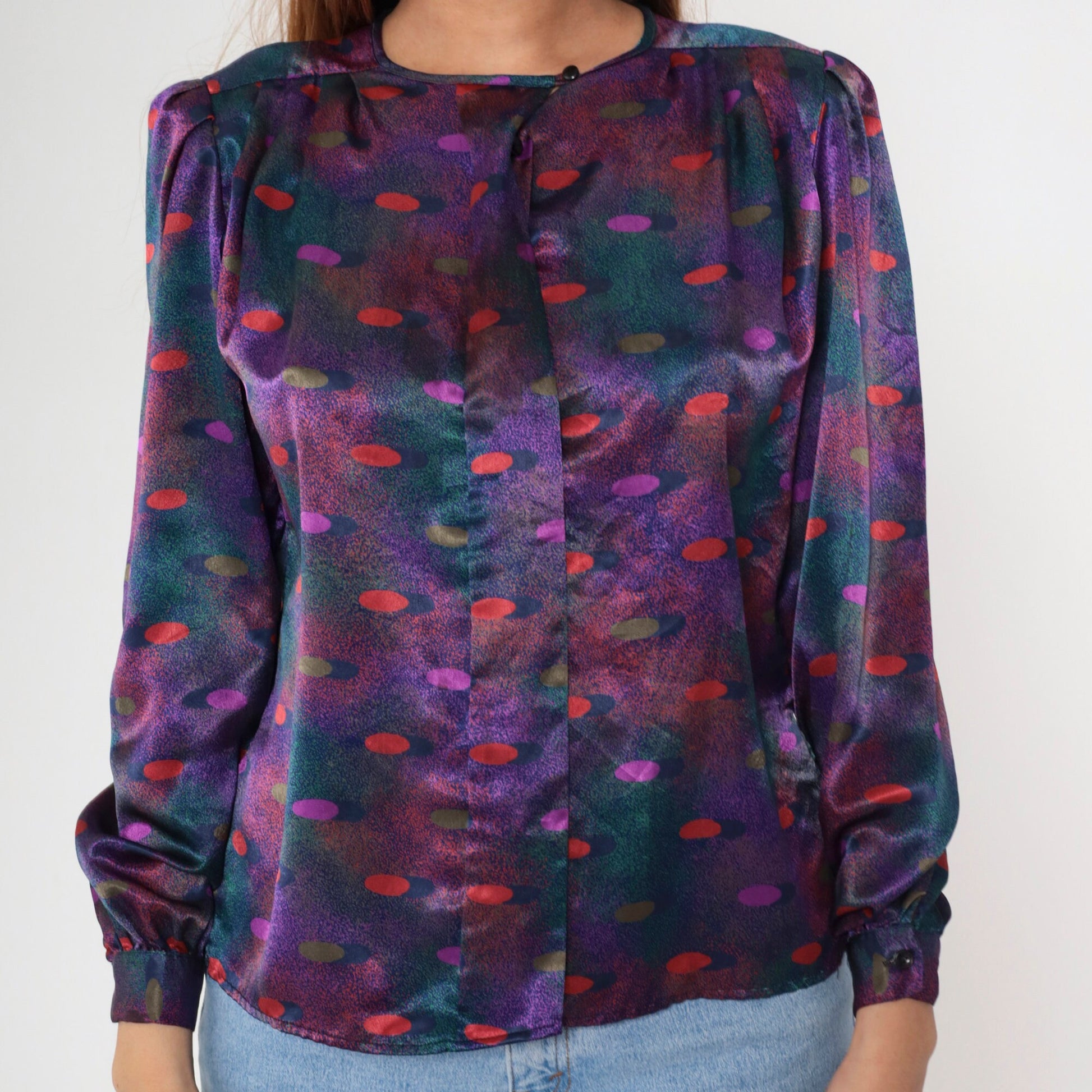 80s Polka Dot Puff Sleeve Button-Up Blouse Multicolor Polyester Small