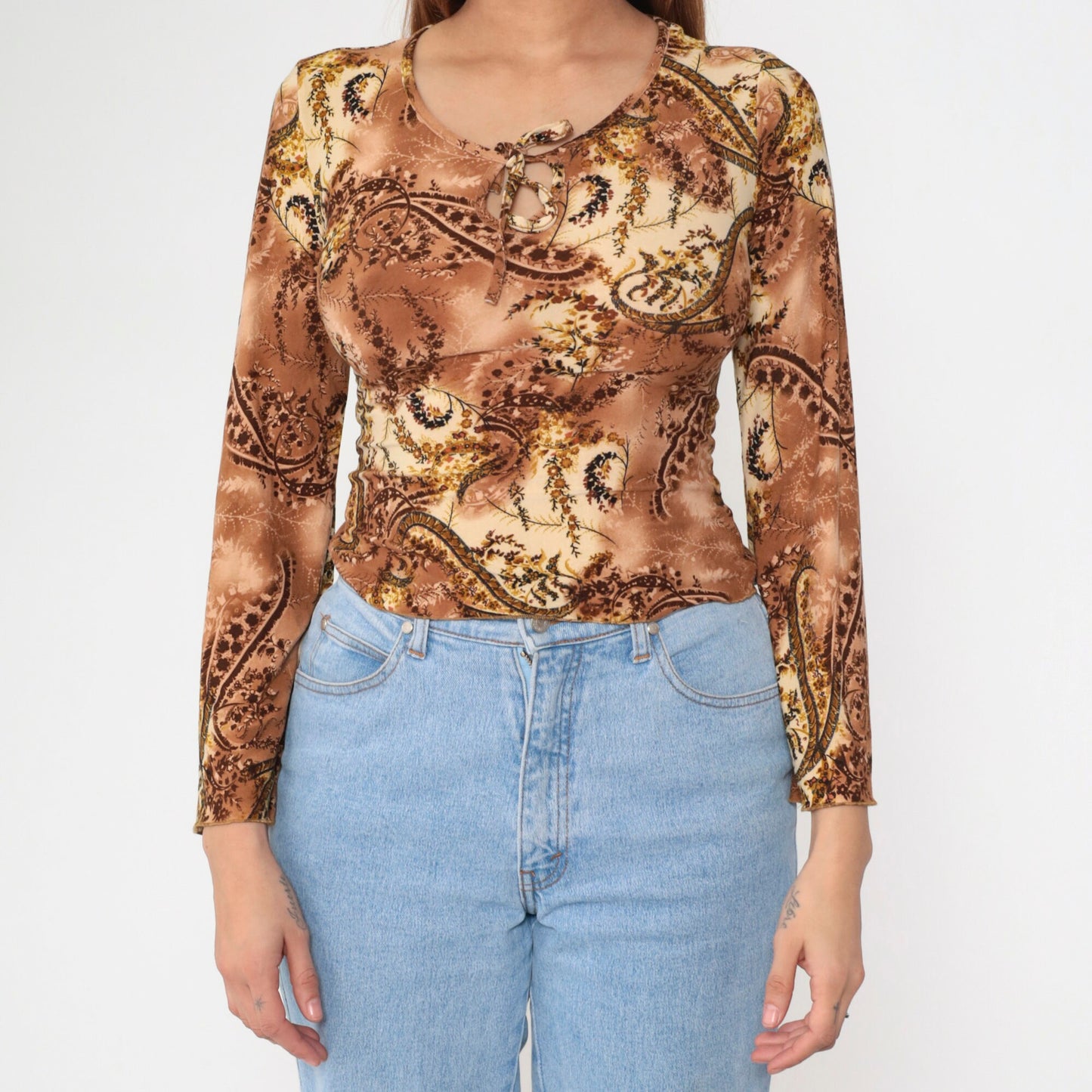 Y2K Paisley Keyhole Blouse Scoop Neck Bell Sleeve Brown Small