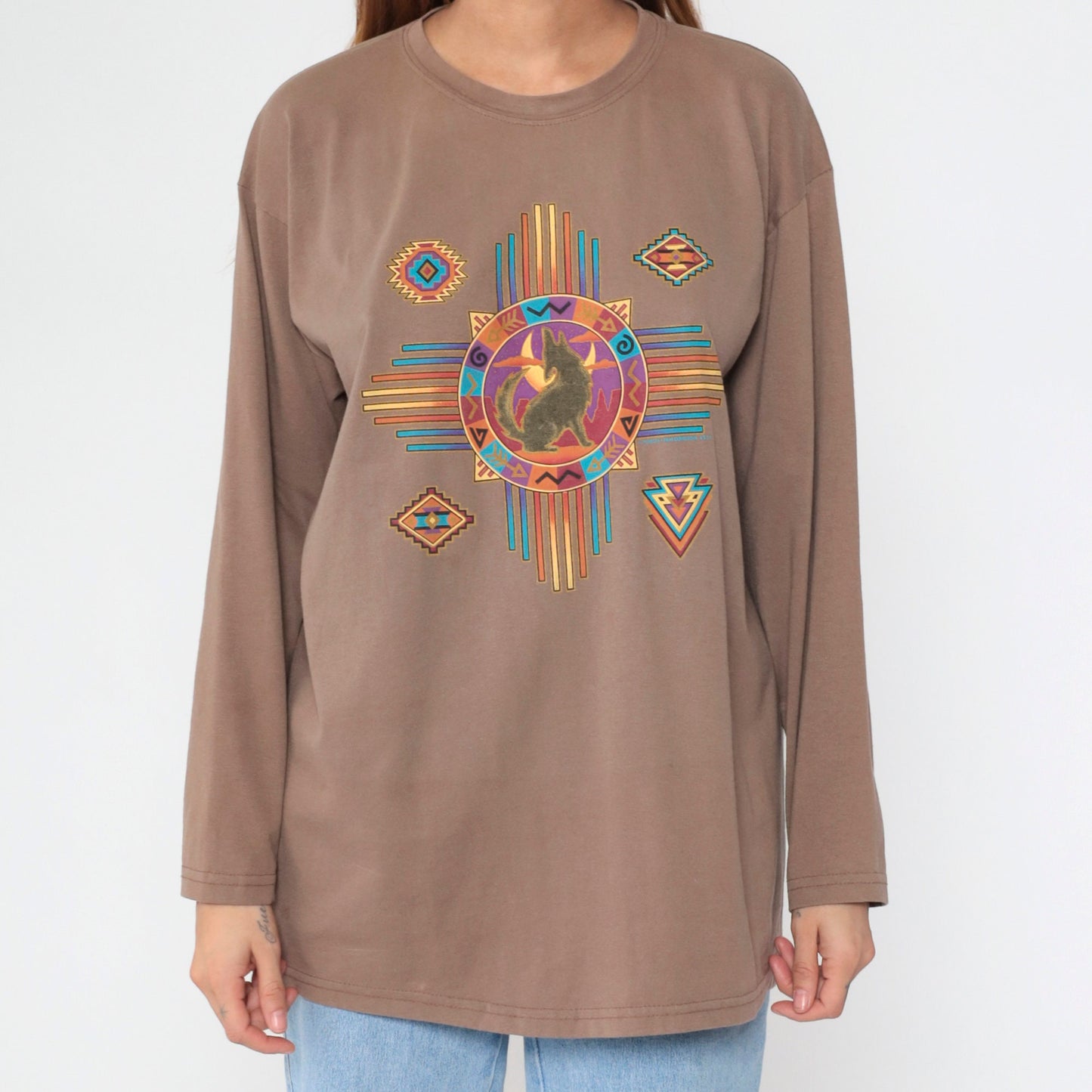 90s Southwestern Coyote Moon Graphic Long Sleeve T Shirt Brown Large