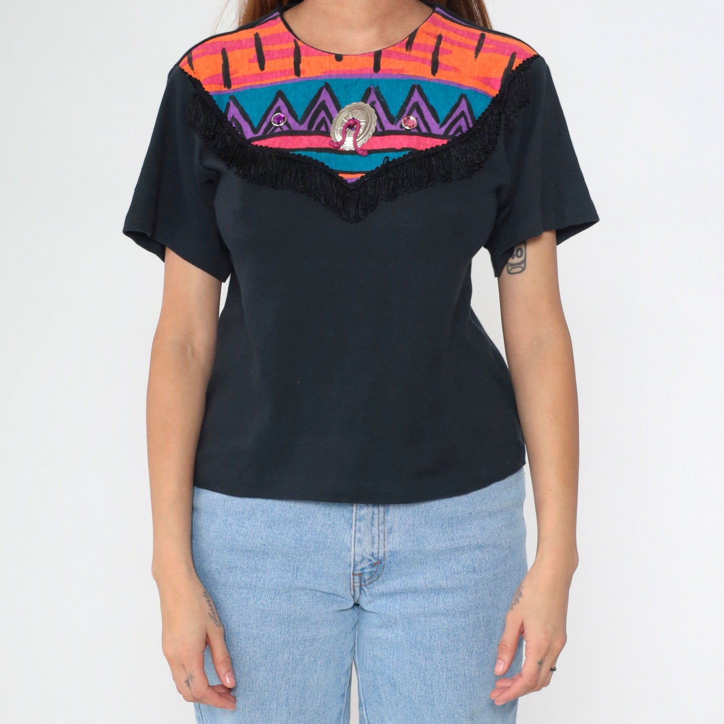 90s Southwest Fringe T-Shirt Black Rhinestone Yoke Small