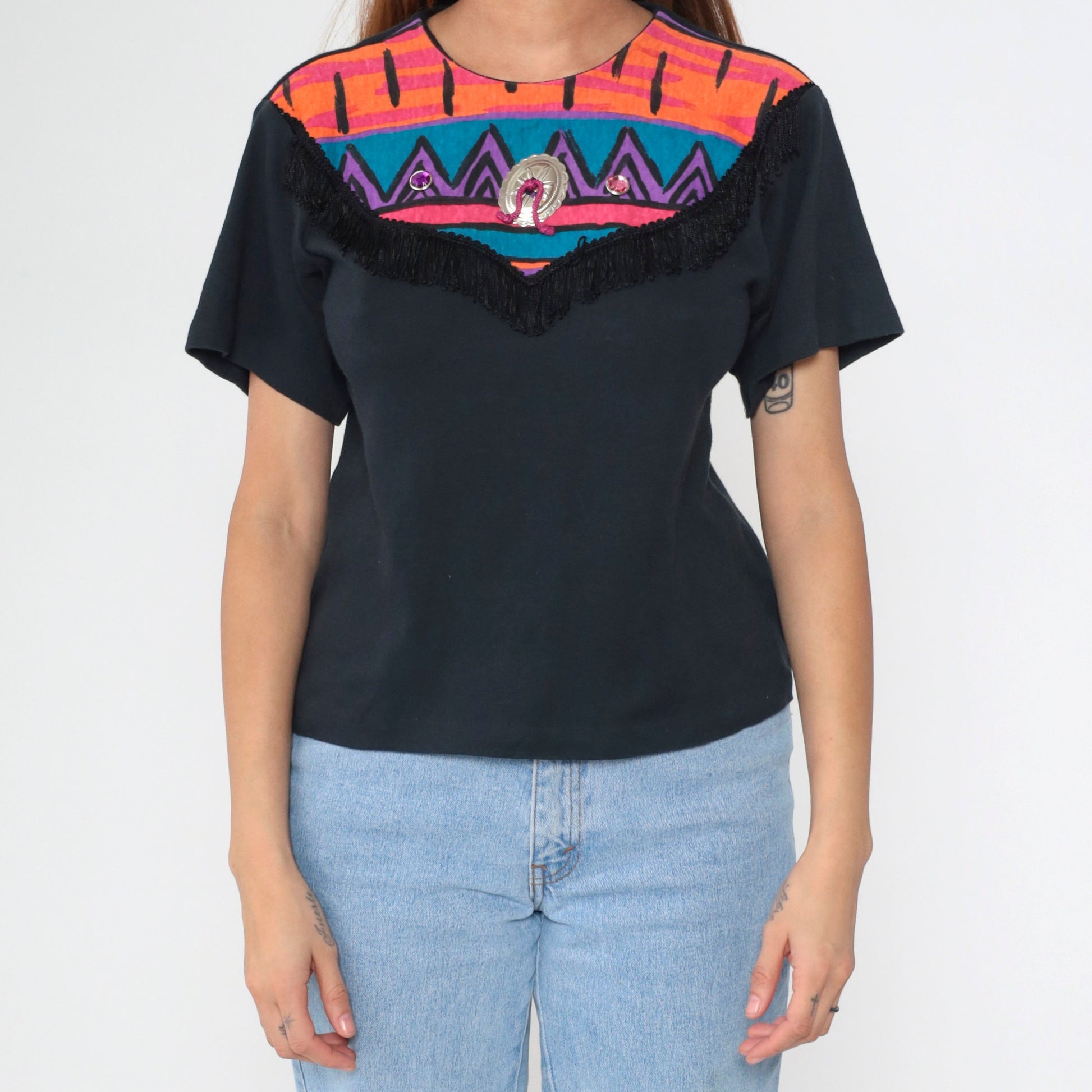 90s Southwest Fringe T-Shirt Black Rhinestone Yoke Small