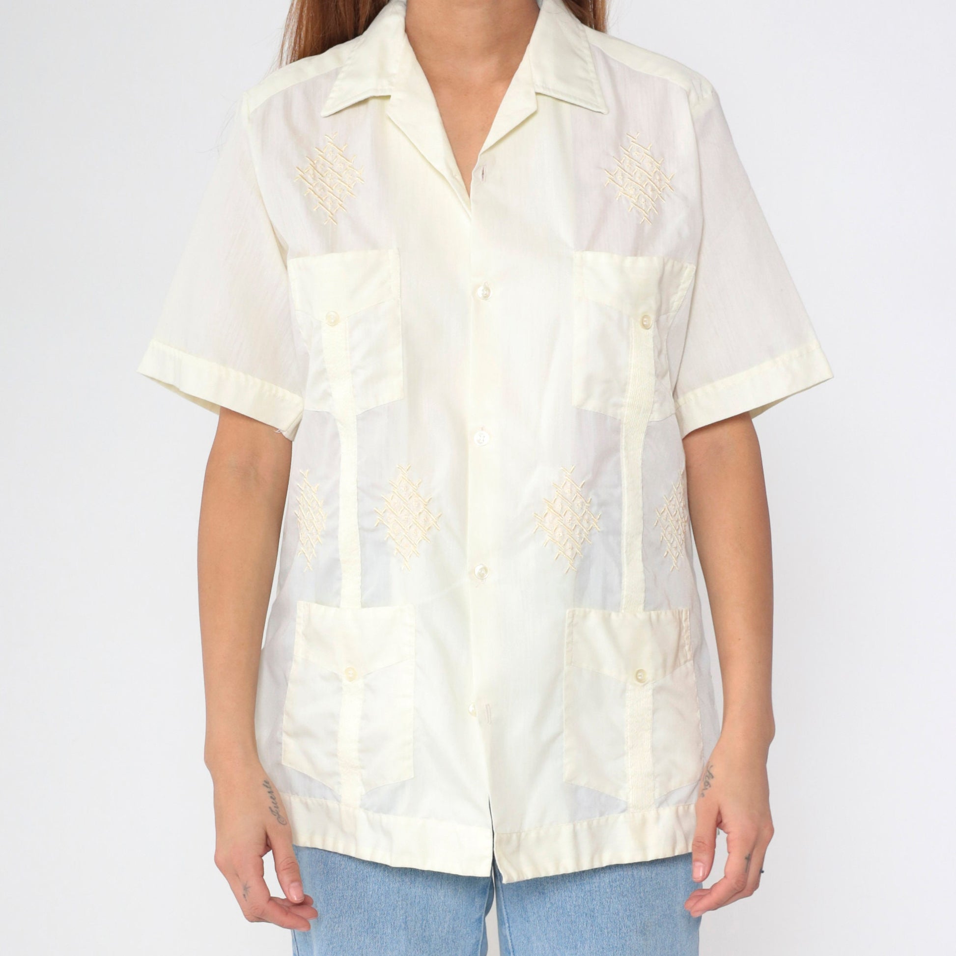 70s Don G of California Yellow Embroidered Pintuck Button-Up Shirt Men's Medium