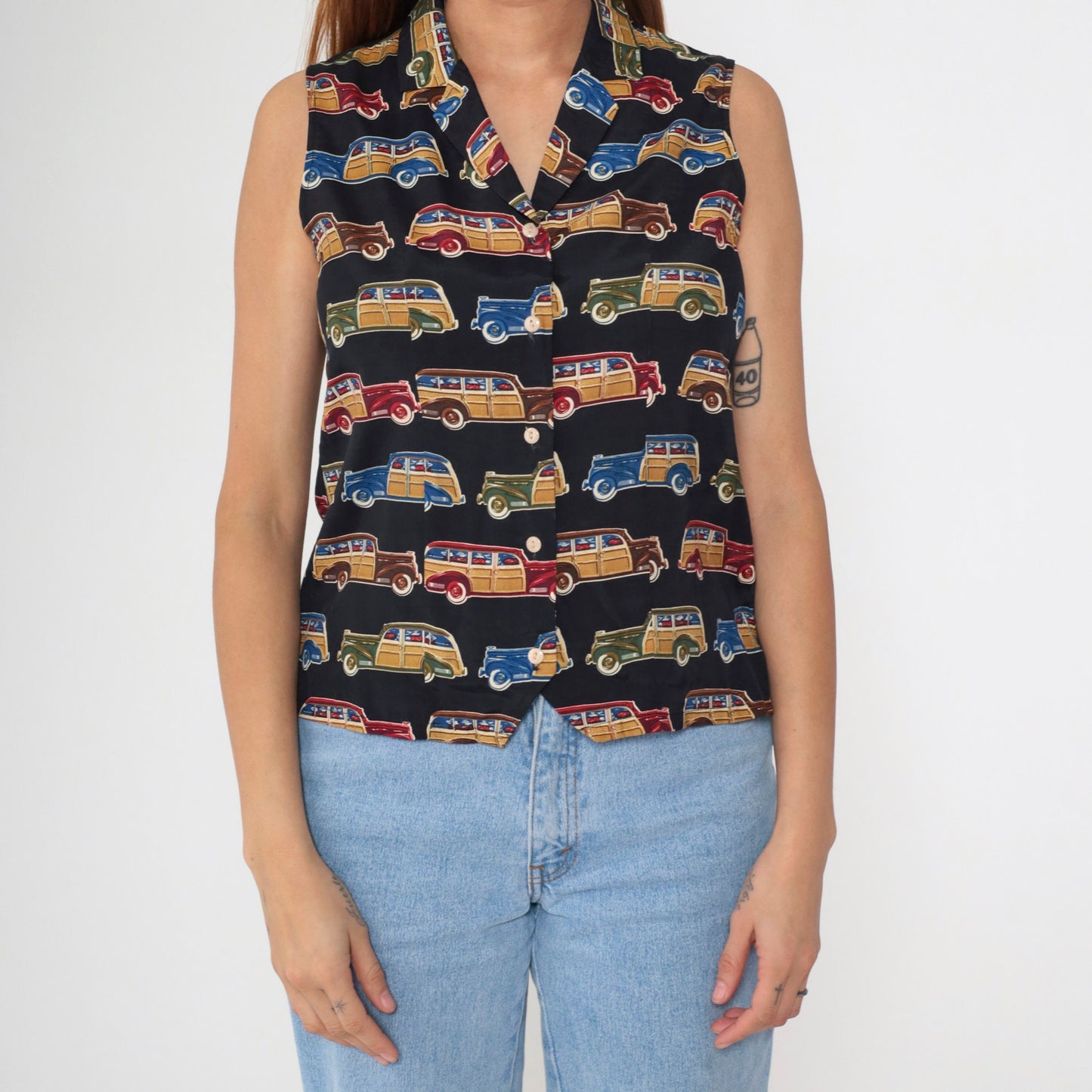 90s Classic Car Print Sleeveless Button-Up Blouse White Collar Small