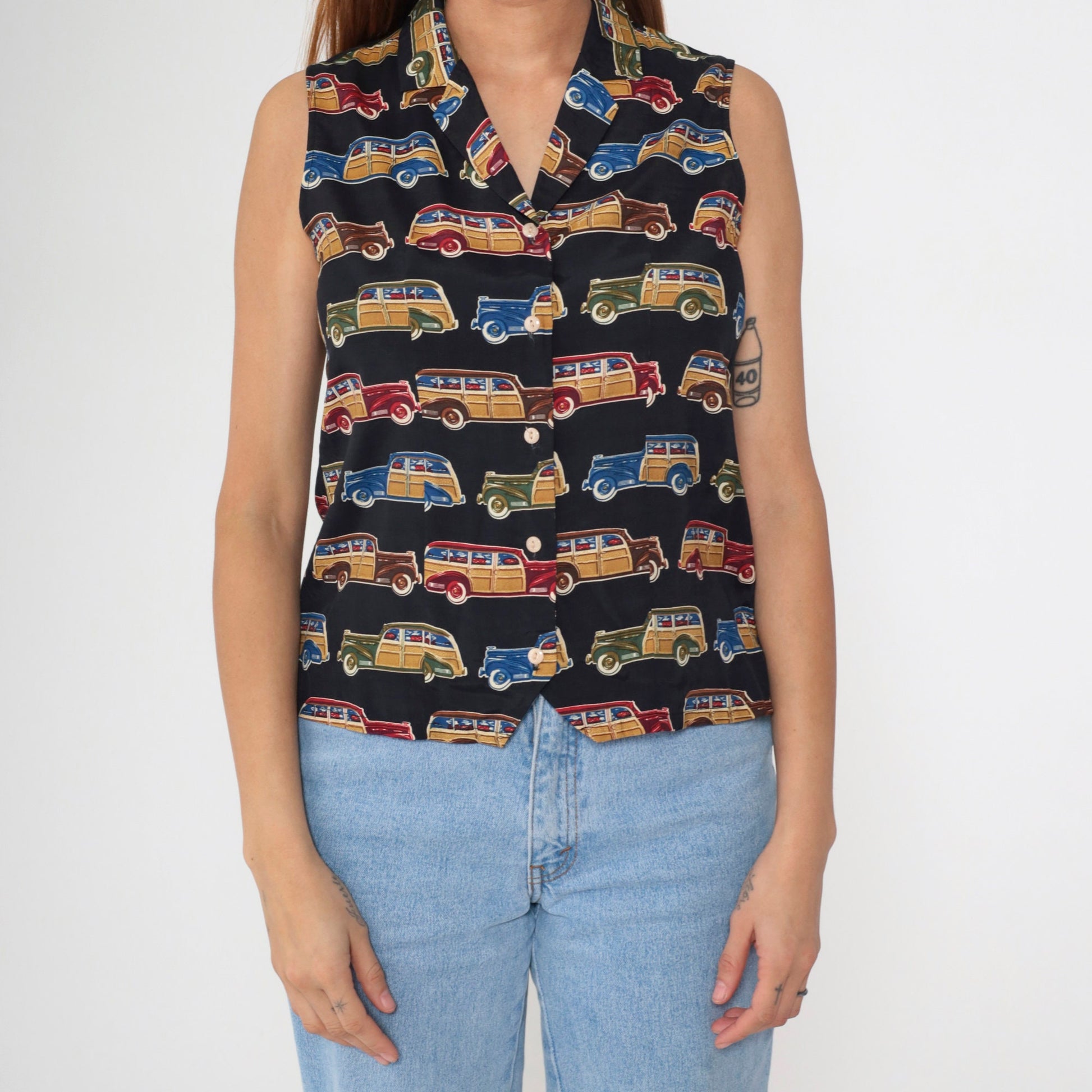 90s Classic Car Print Sleeveless Button-Up Blouse White Collar Small