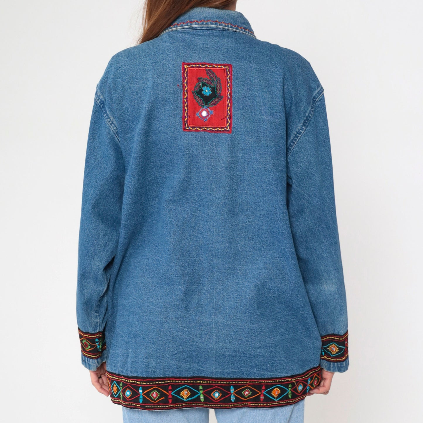 90s Floral Embroidered Denim Jacket Shisha Mirror Work Blue Cotton Extra Large