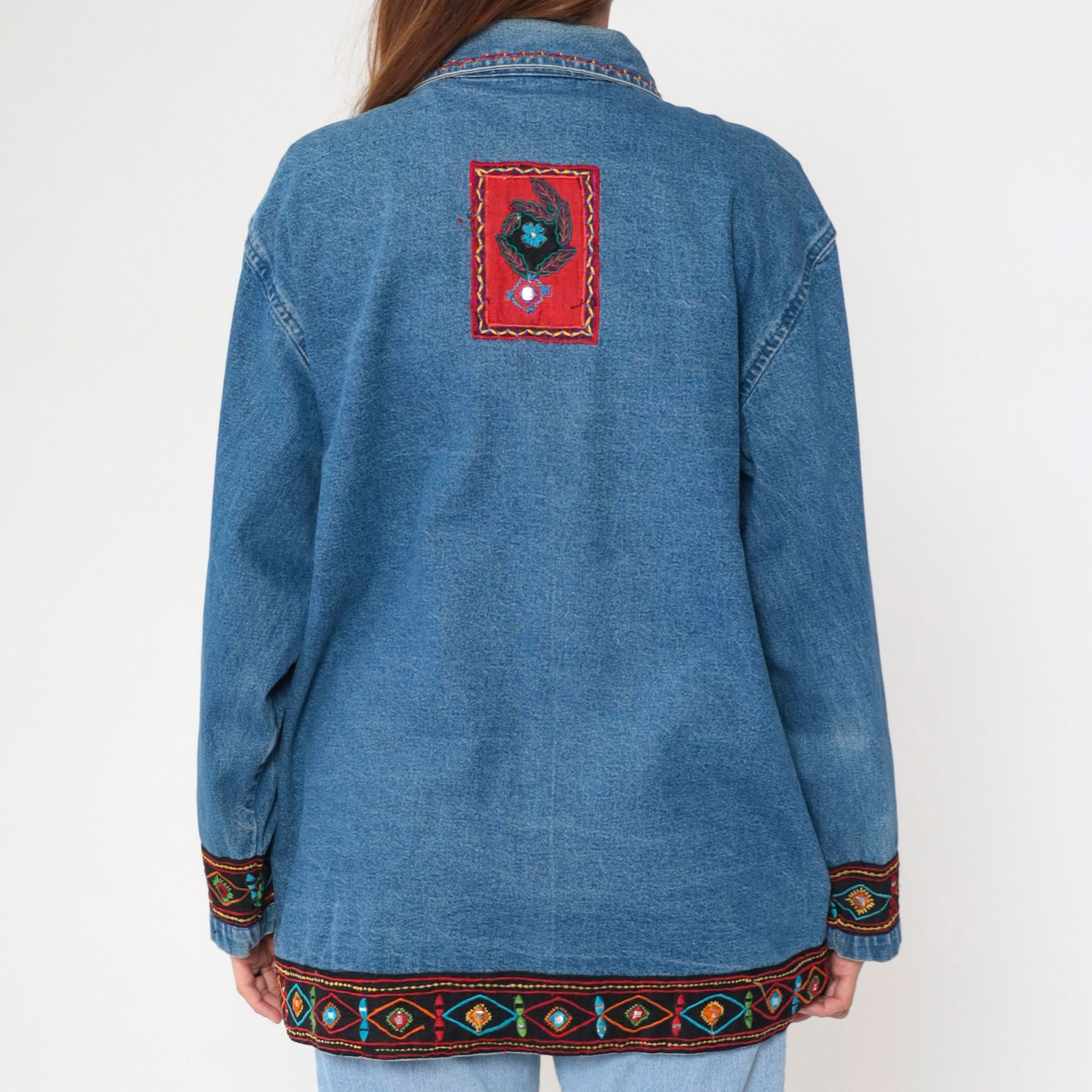 90s Floral Embroidered Denim Jacket Shisha Mirror Work Blue Cotton Extra Large