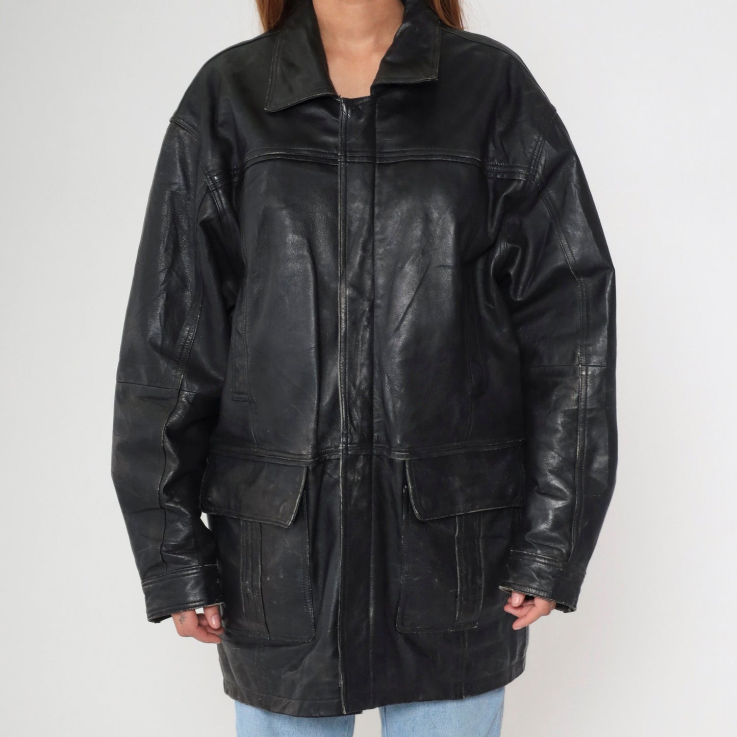 90s Black Deerskin Leather Coat Cargo Pockets Zip Snap Longline Large L