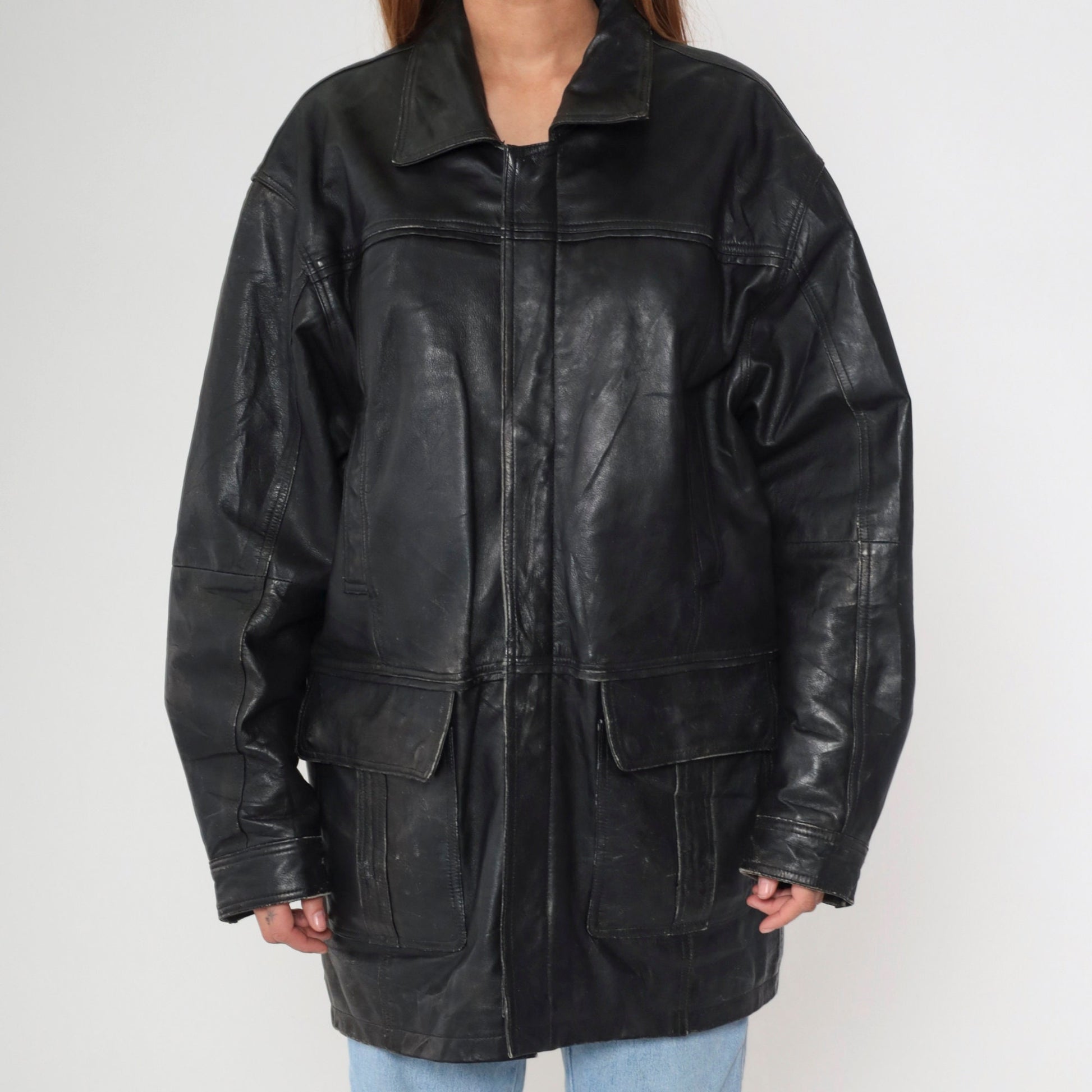 90s Black Deerskin Leather Coat Cargo Pockets Zip Snap Longline Large L