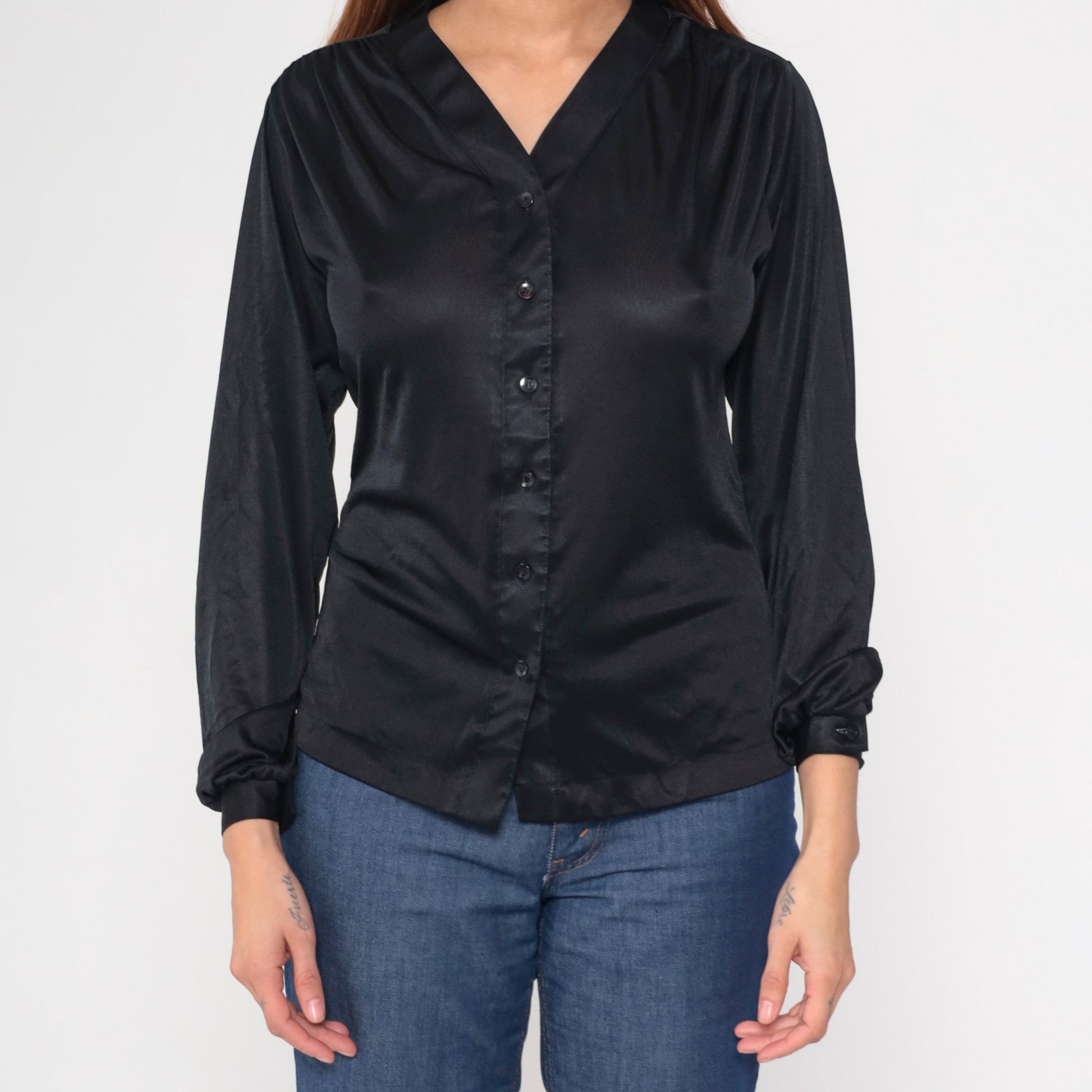 70s Black Polyester Button-Up Blouse V-Neck Long Sleeve Small S