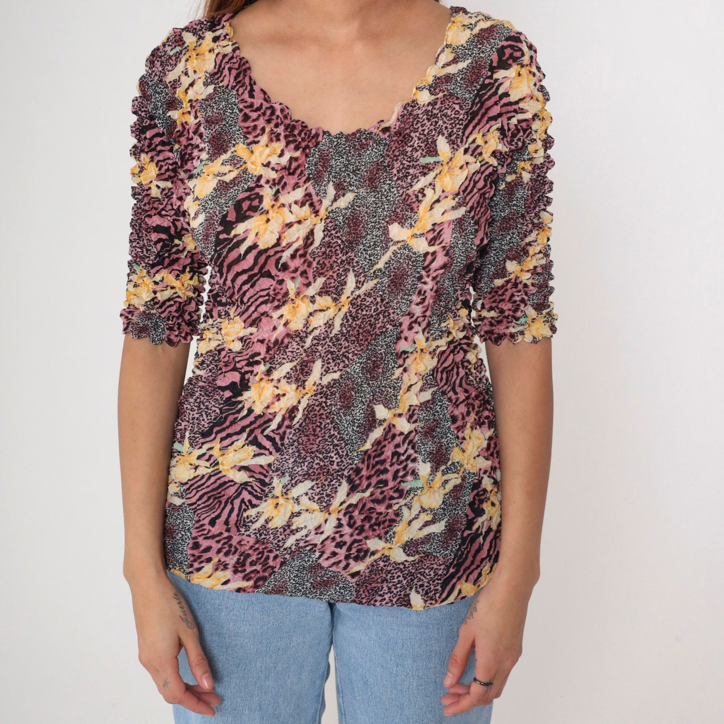 Y2K Popcorn Shirt Floral Animal Print Gold Metallic Textured Blouse Pink Black XS-M