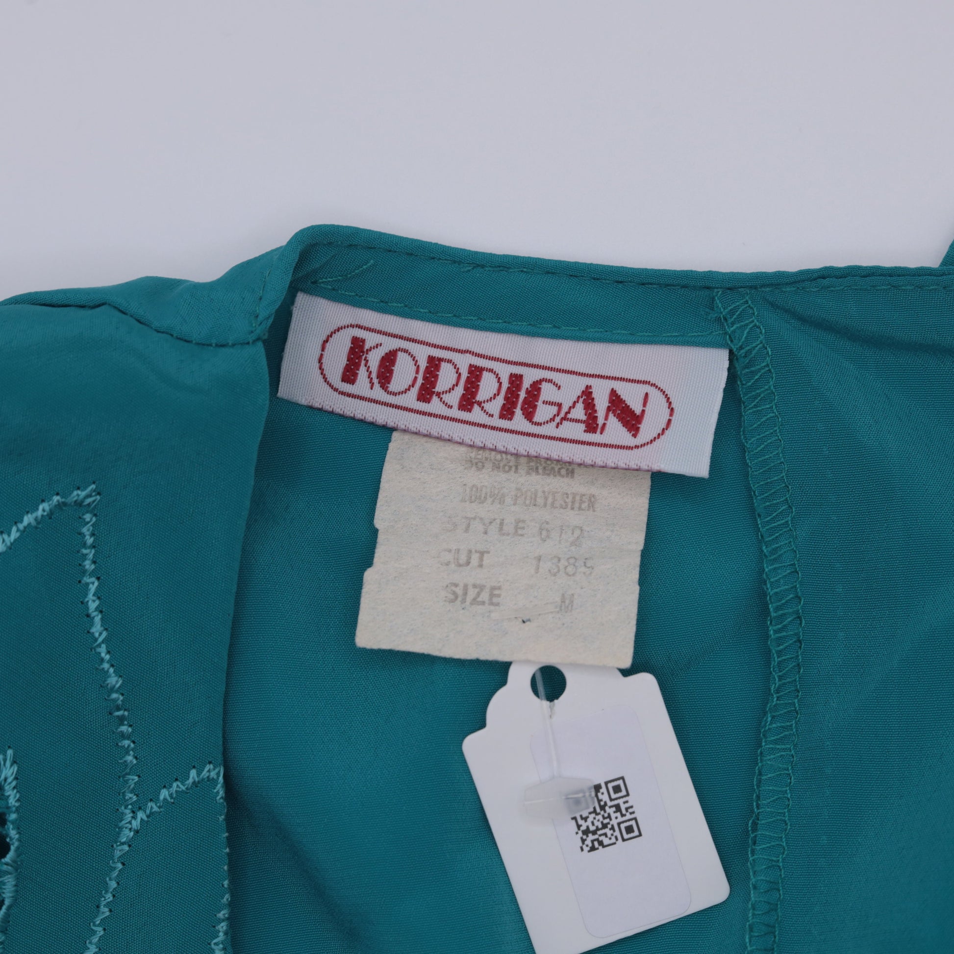 80s Teal Embroidered Cutwork Collar Blouse Button-Back Long Sleeve Small