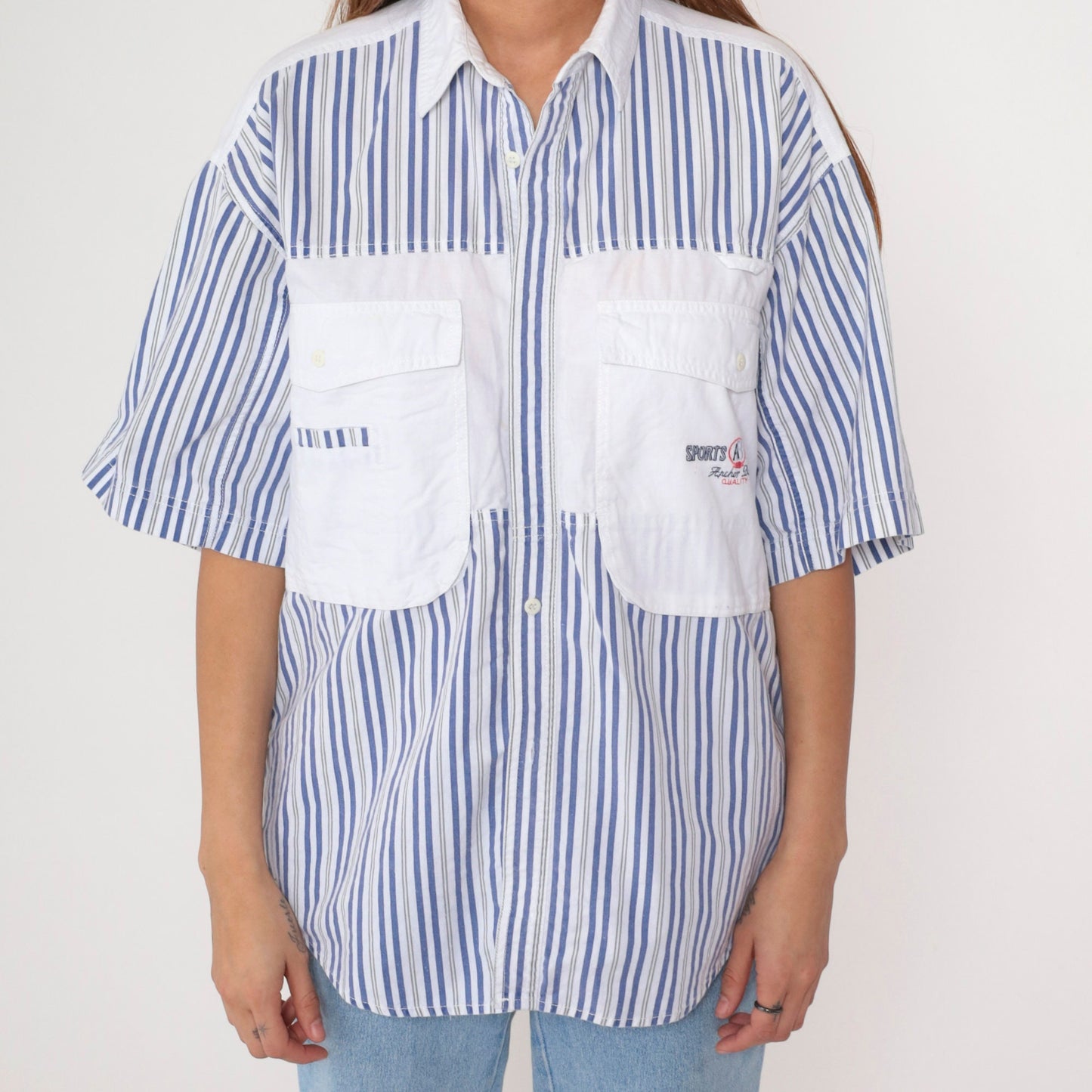90s Anchor Blue Striped Cargo Shirt White Blue Cotton Button Up Medium