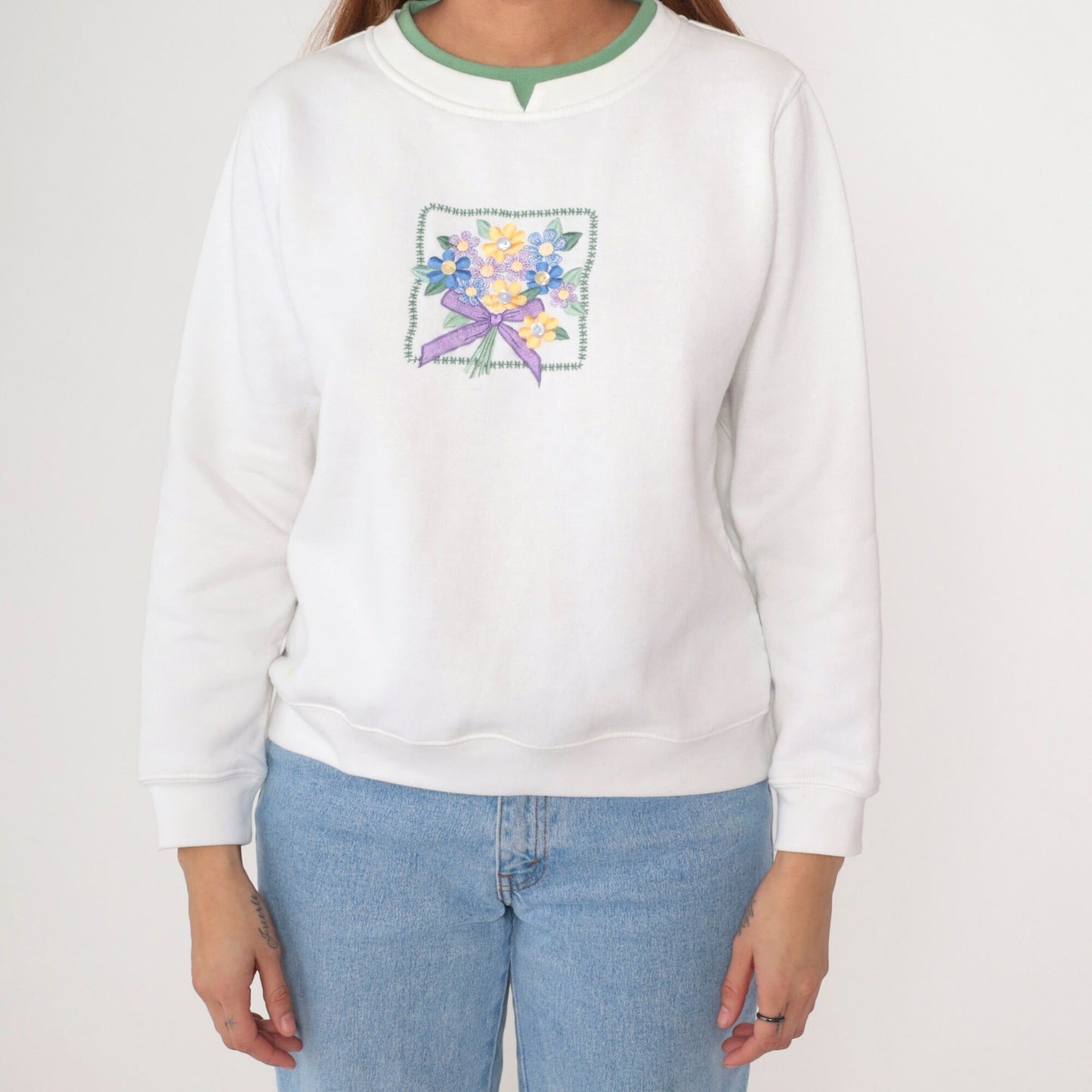 90s Floral Embroidered Sweatshirt White Double Collar Crewneck Petite Large