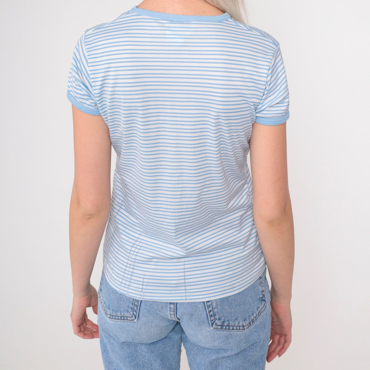 80s Blue White Striped V-Neck T-Shirt Single Stitch Ringer Tee Small