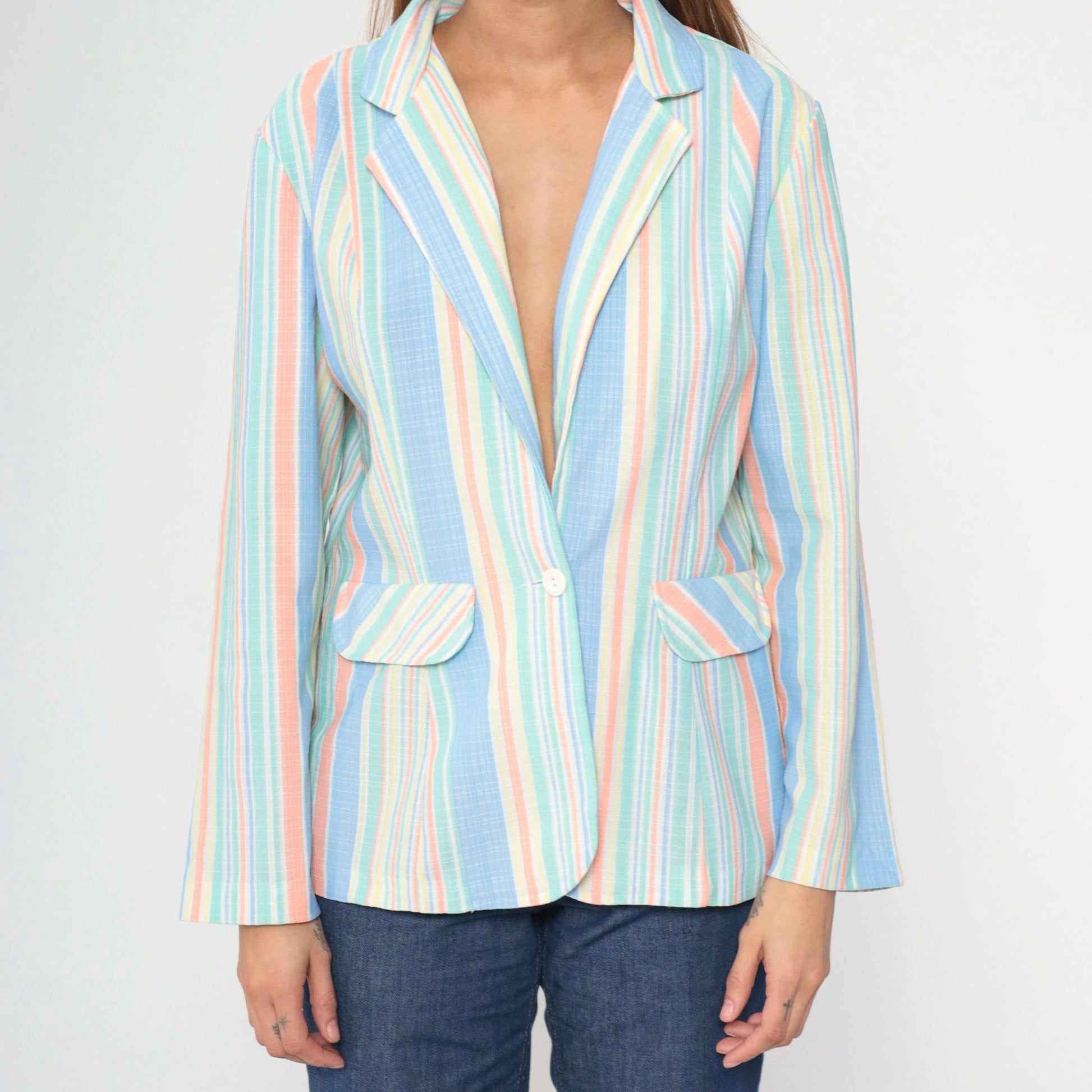 70s Beeline Fashions Pastel Striped Blazer Notched Collar Medium