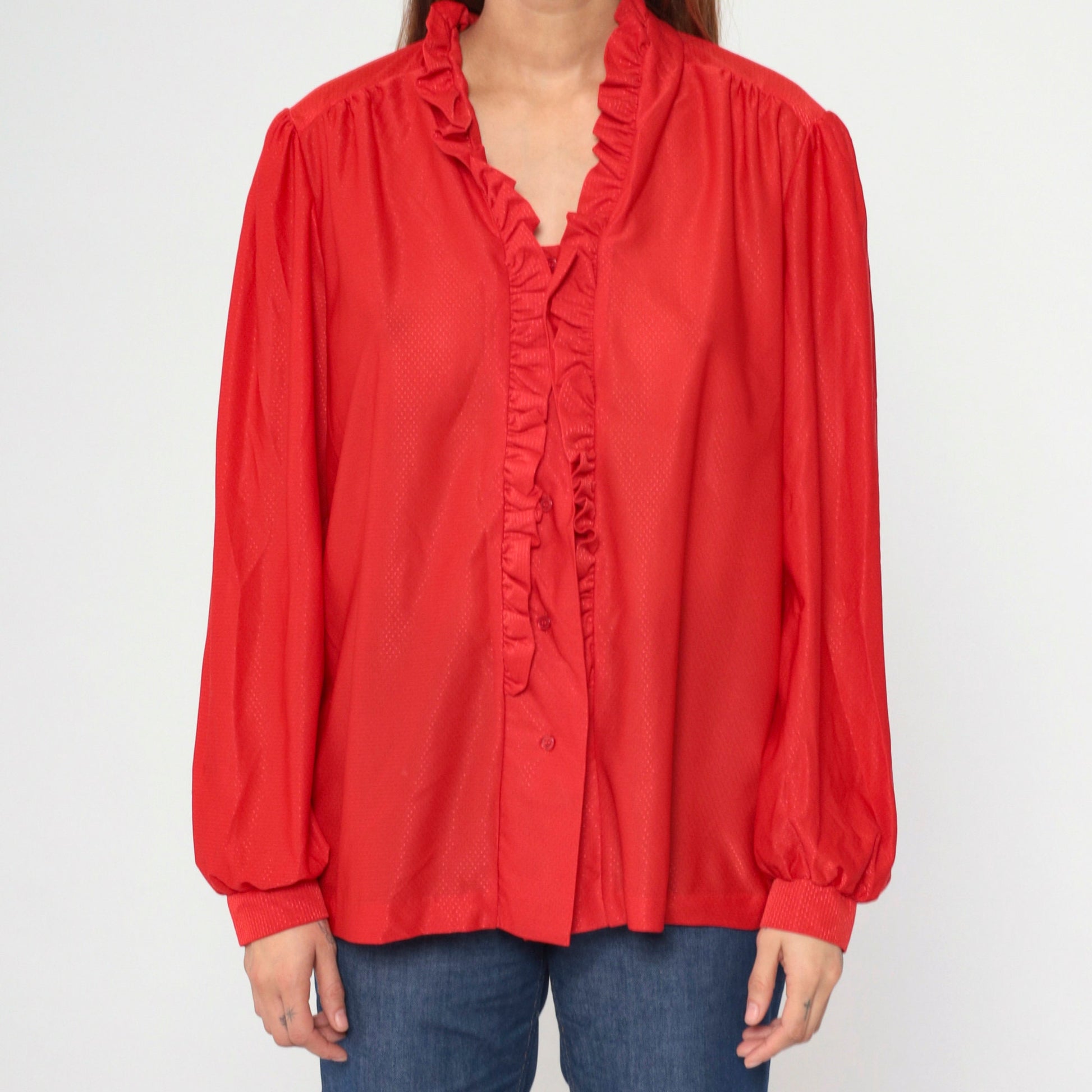 70s Red Puff Sleeve Button-Up Blouse Embossed Dots Ruffled Trim Large