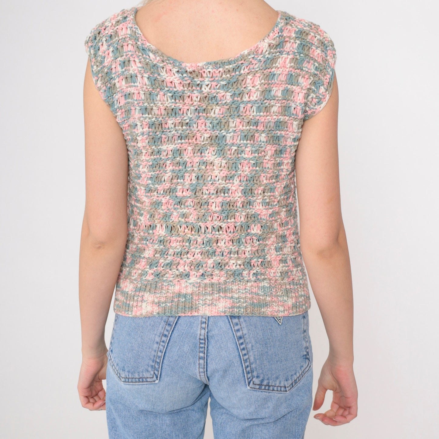80s Openwork Crochet Sweater Top Ombre Pink Blue Cap Sleeve Extra Small