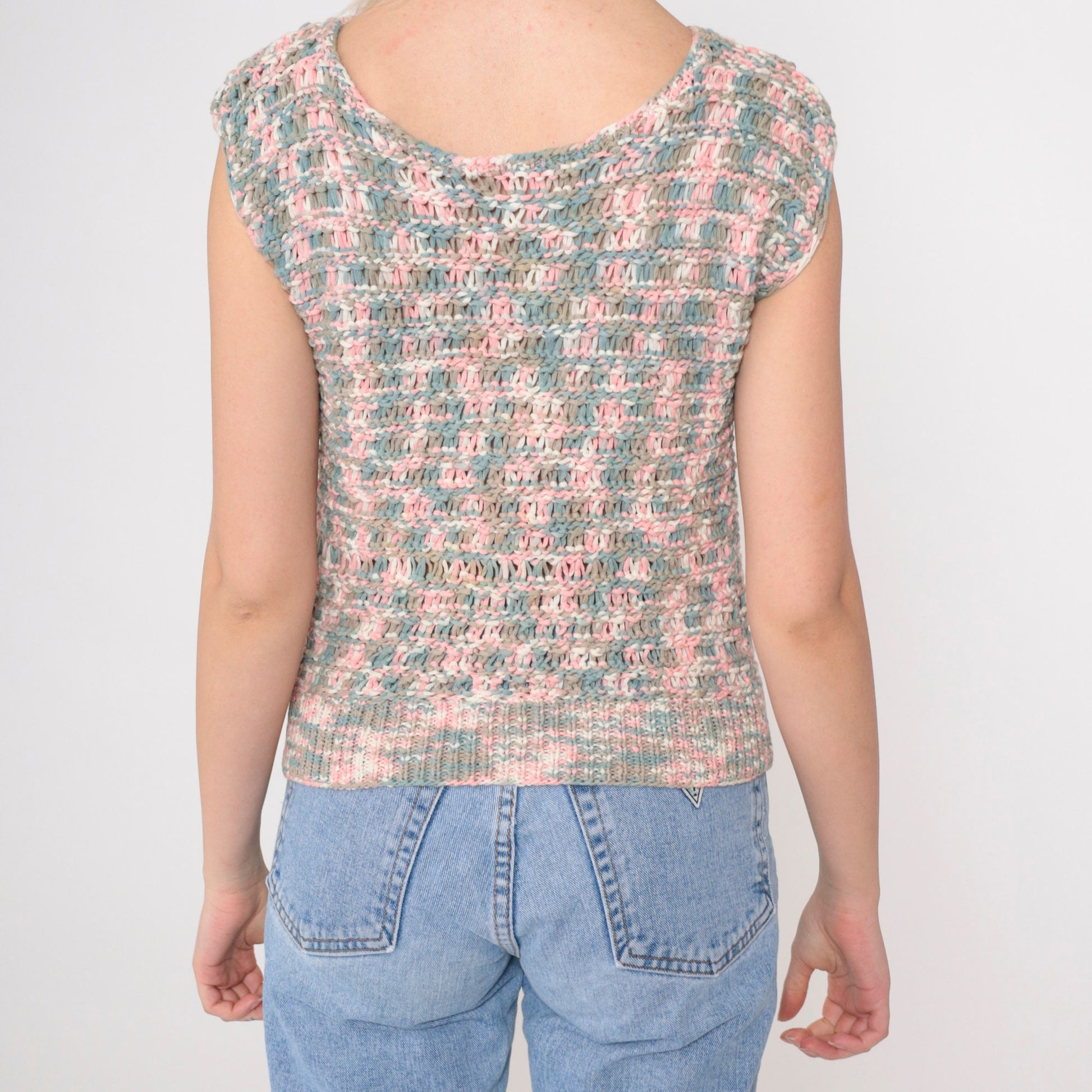 80s Openwork Crochet Sweater Top Ombre Pink Blue Cap Sleeve Extra Small