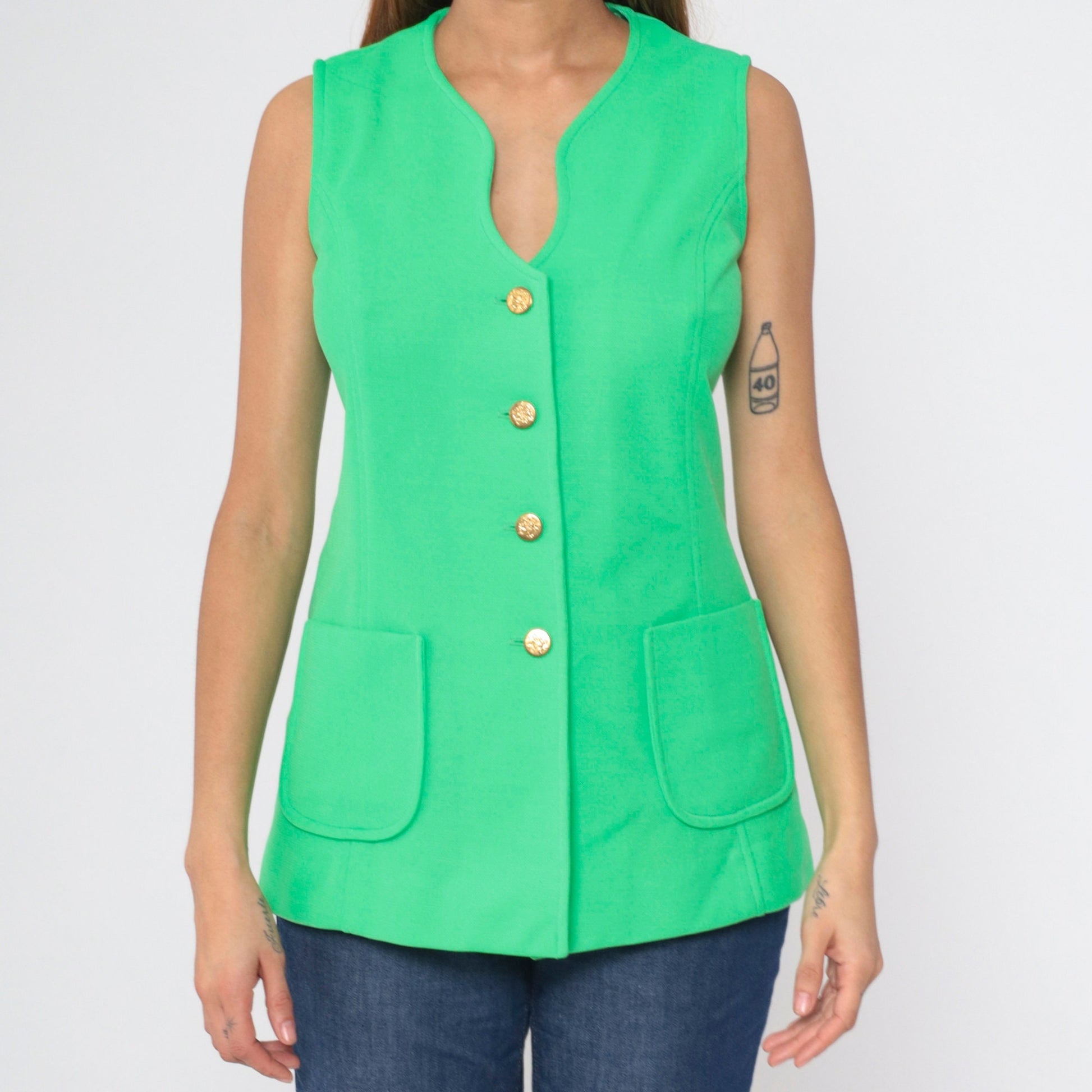 70s Lime Green Button-Up Tank Top Longline Pockets Small