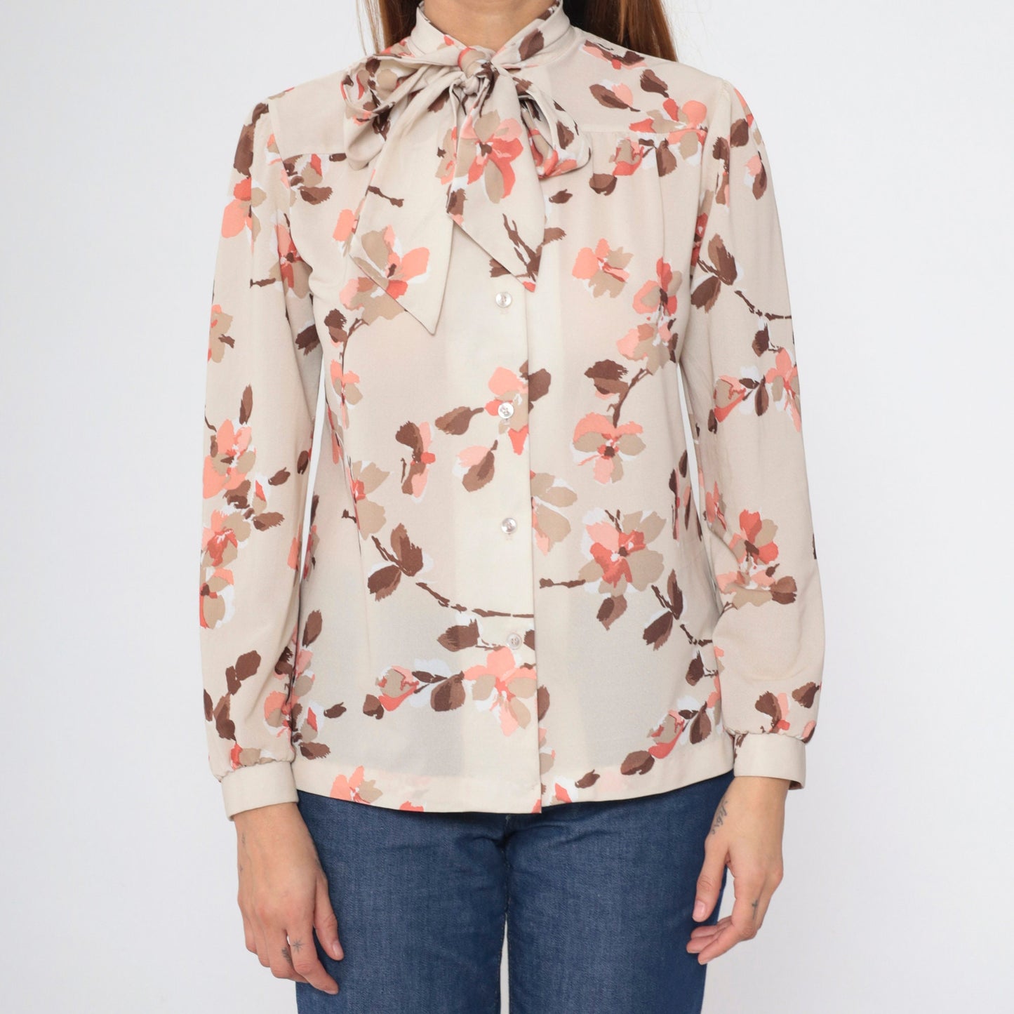 70s Floral Taupe Ascot Blouse Button-Up Long Sleeve Shirt Medium