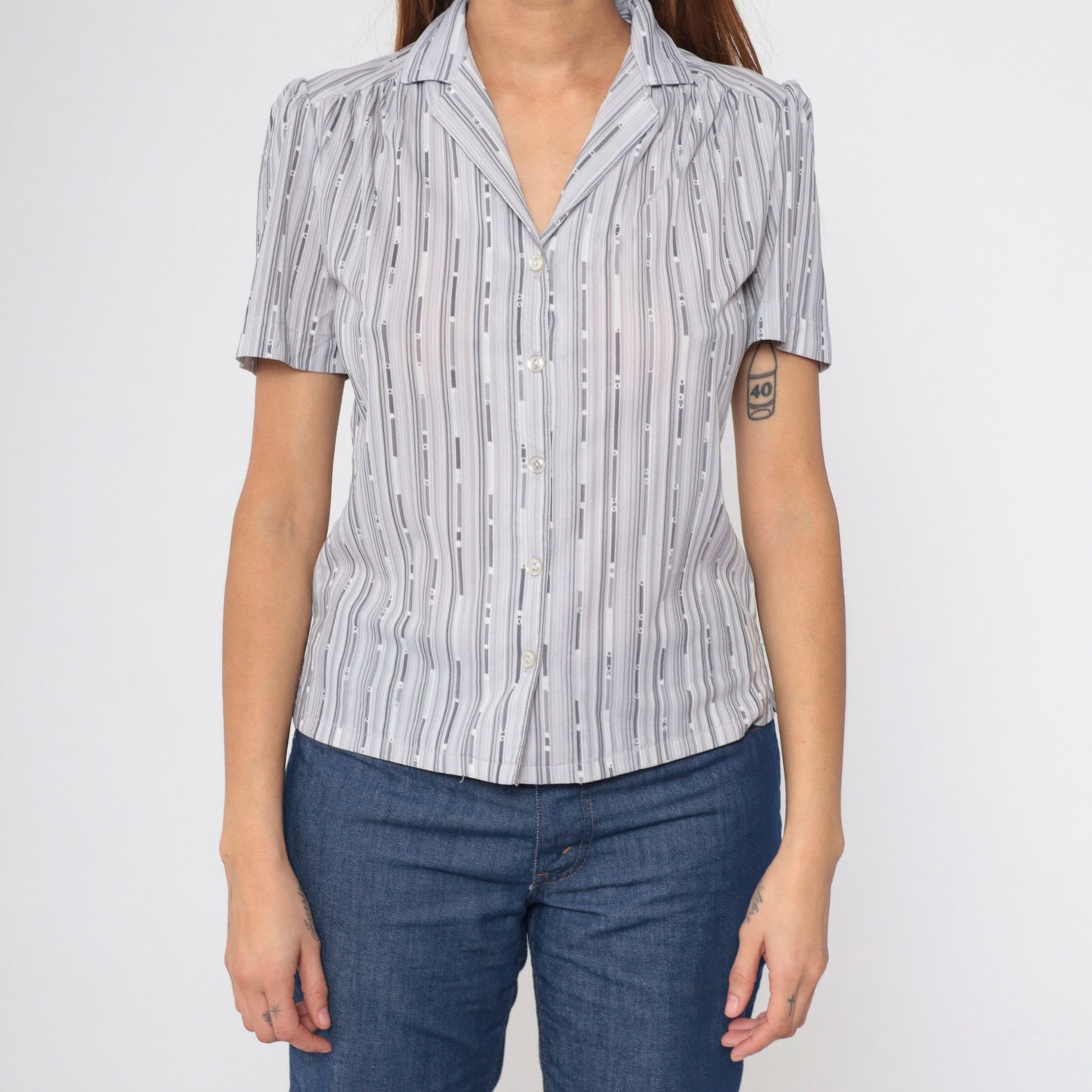 70s Puff Sleeve Button-Up Blouse Grey Broken Stripe Shirt Small S