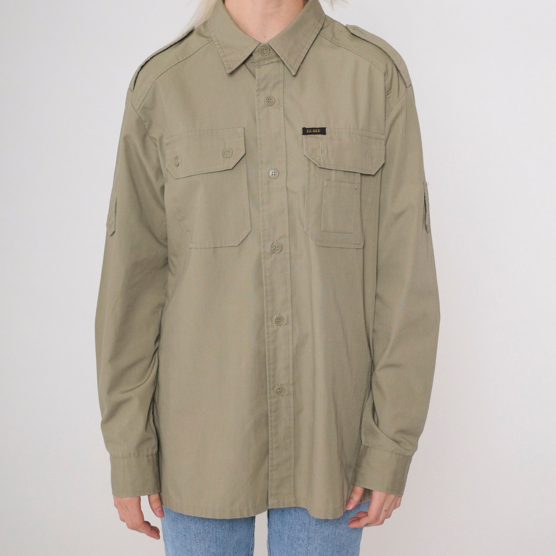 90s Utility Shirt Khaki Military Style Button Up Long Sleeve Medium