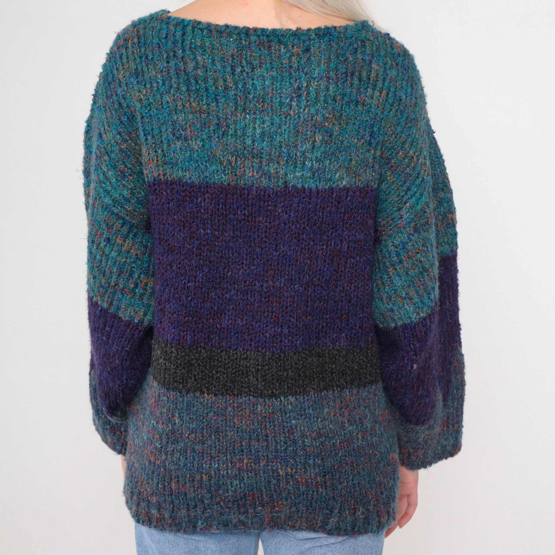 90s Purple Teal Colour Block Wool Blend Sweater Geometric Knit Large L