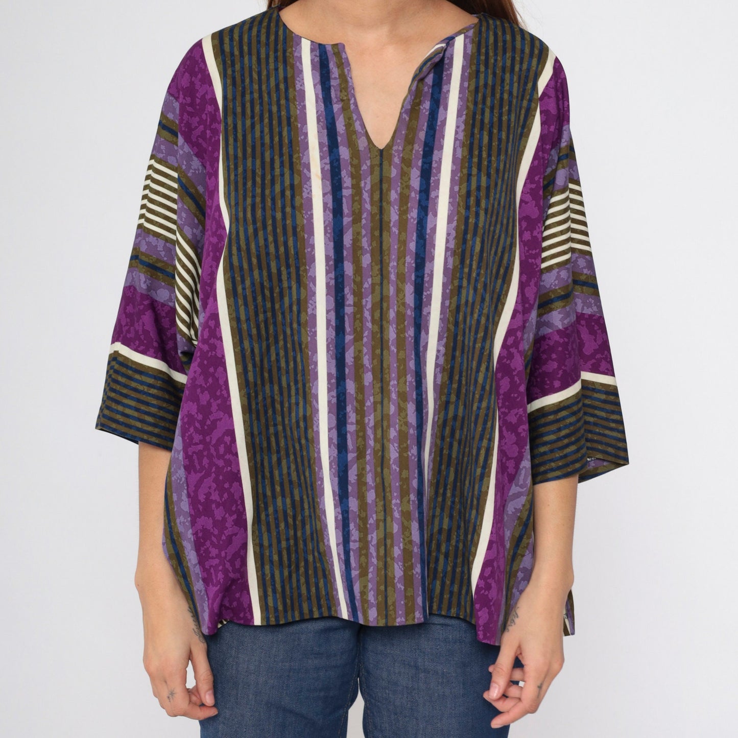 80s Top Notch Striped Tunic Purple Blue Olive 3/4 Sleeve Plus Size XXL