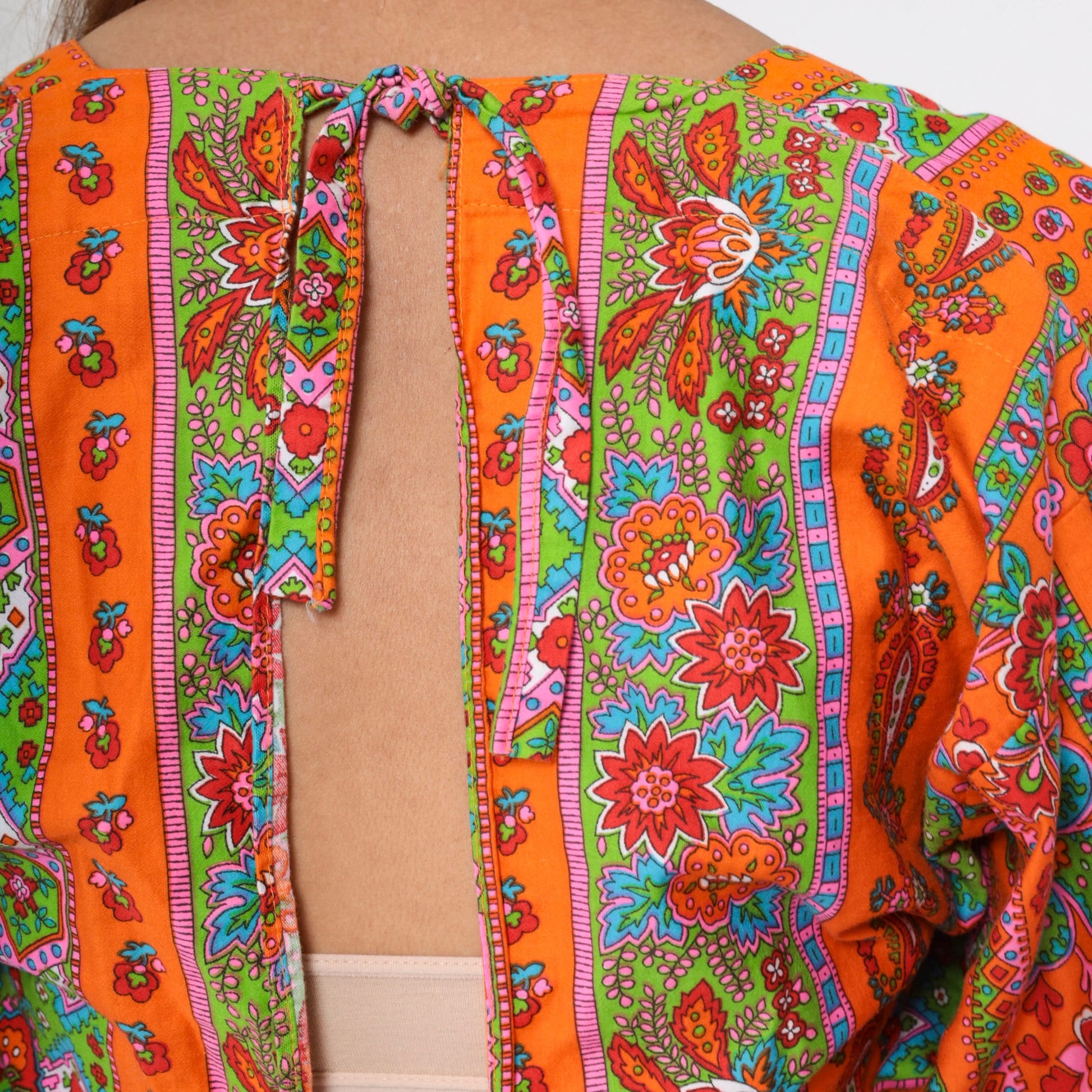 70s Floral Paisley Orange Apron Top Tie Back Tunic Small
