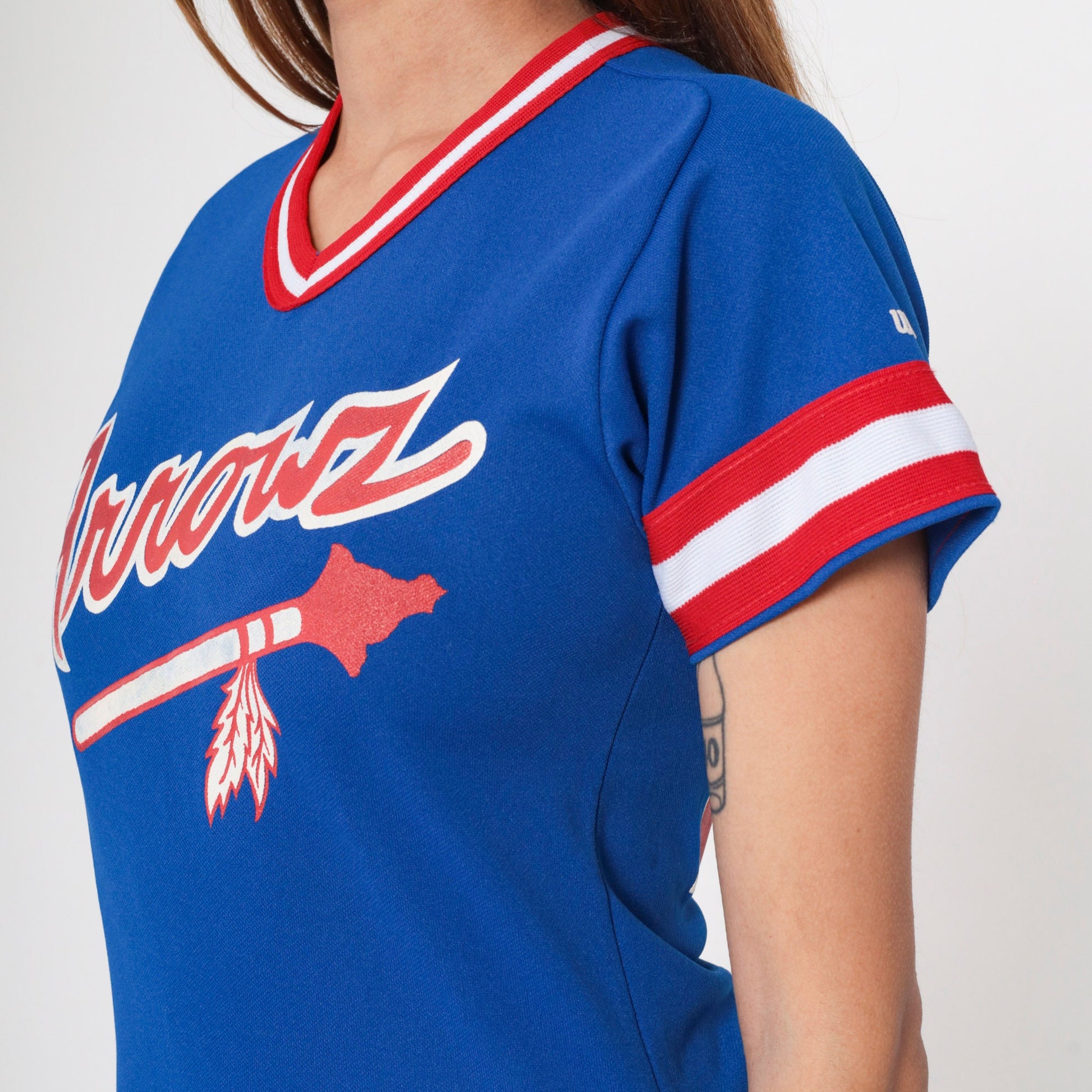 80s Wilson Arrows Baseball Jersey #24 Blue Red White Striped Ringer Youth Medium