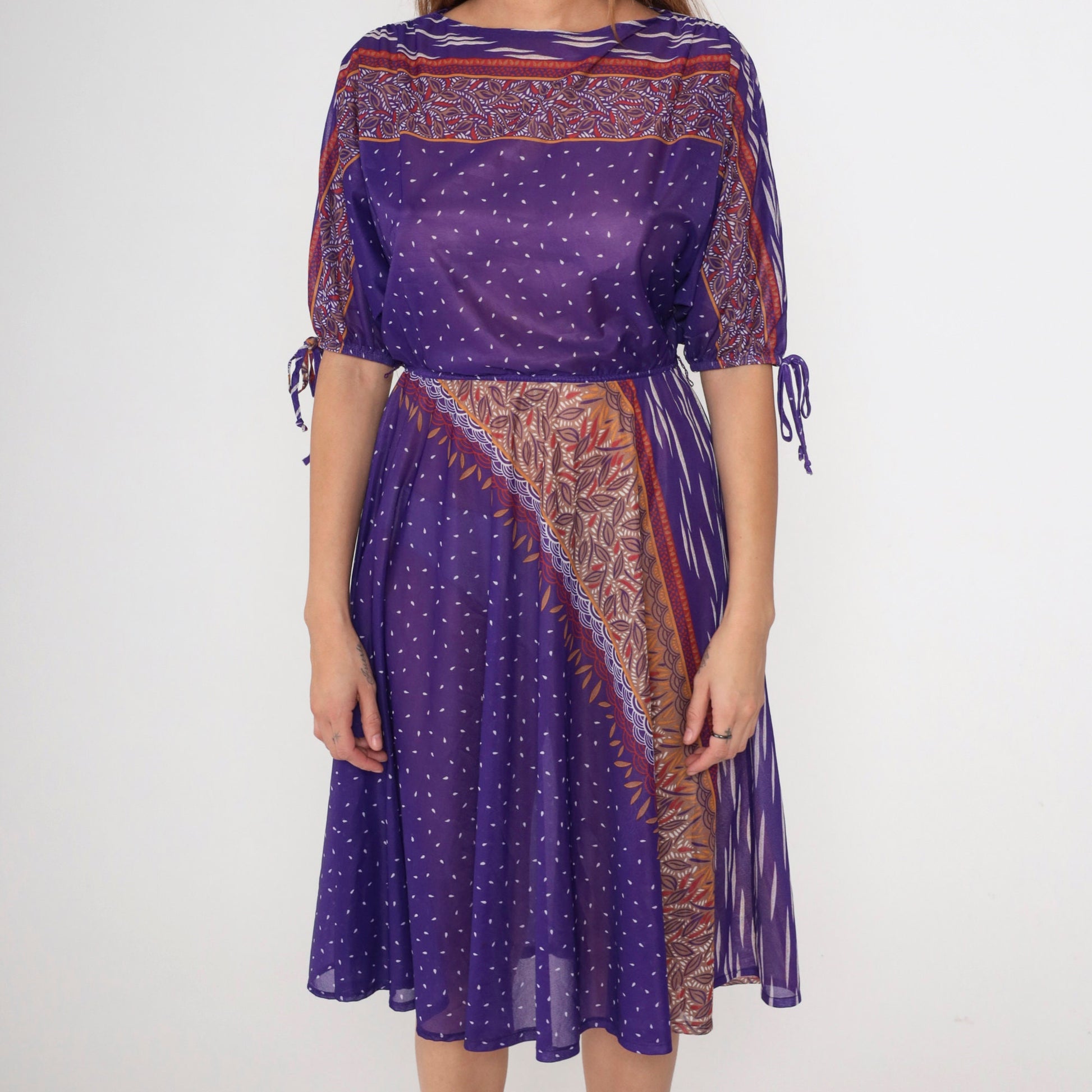 70s Purple Leaf Print Midi Dress Dolman Tie Sleeves Elastic Waist Small Medium