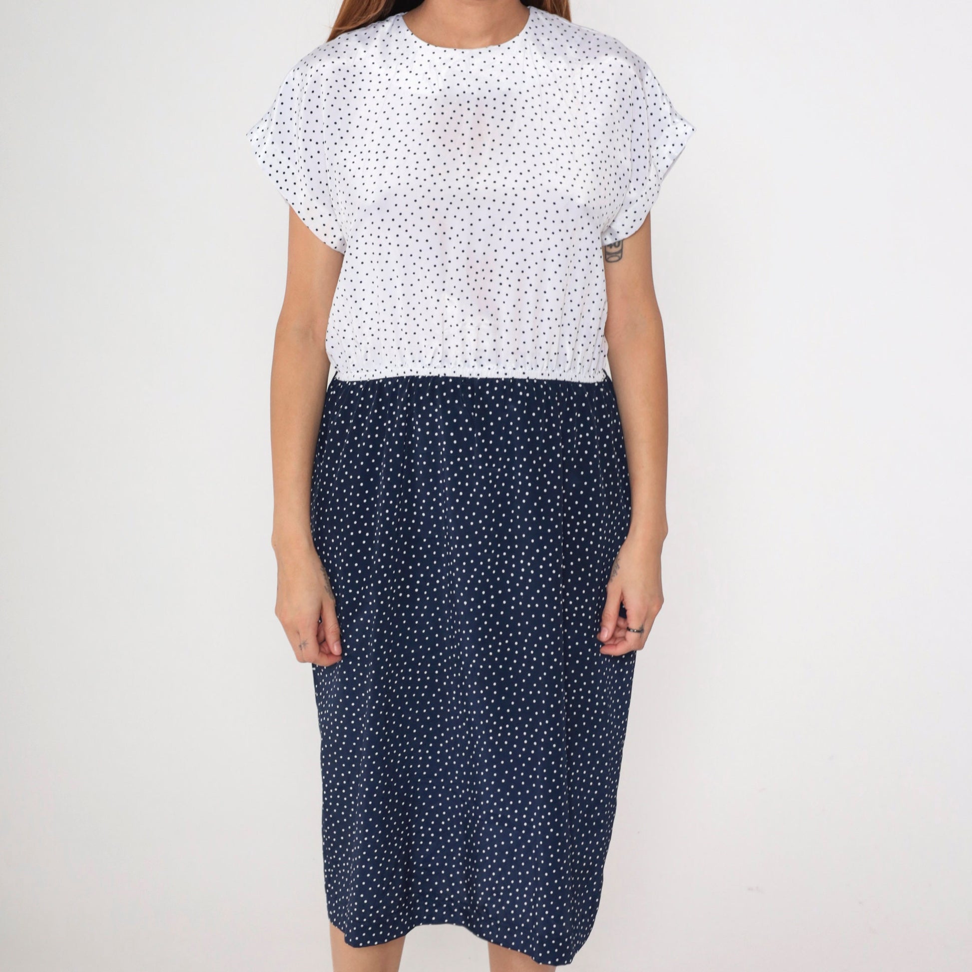 80s Leslie Fay Polka Dot Knee-Length Dress Navy White High-Waisted Medium