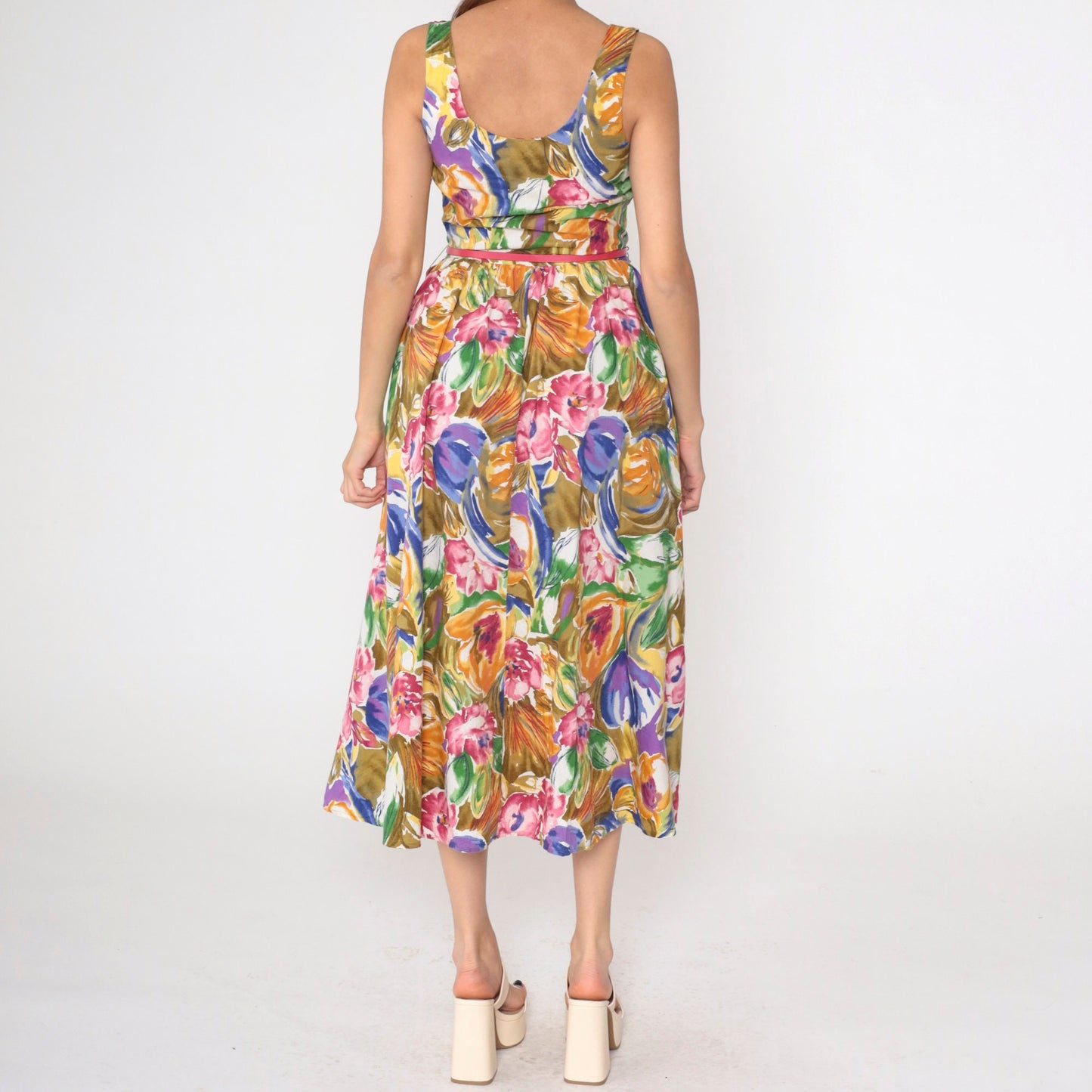 90s Banana Republic Floral Midi Dress Multicolor Sleeveless High Waist Small 6
