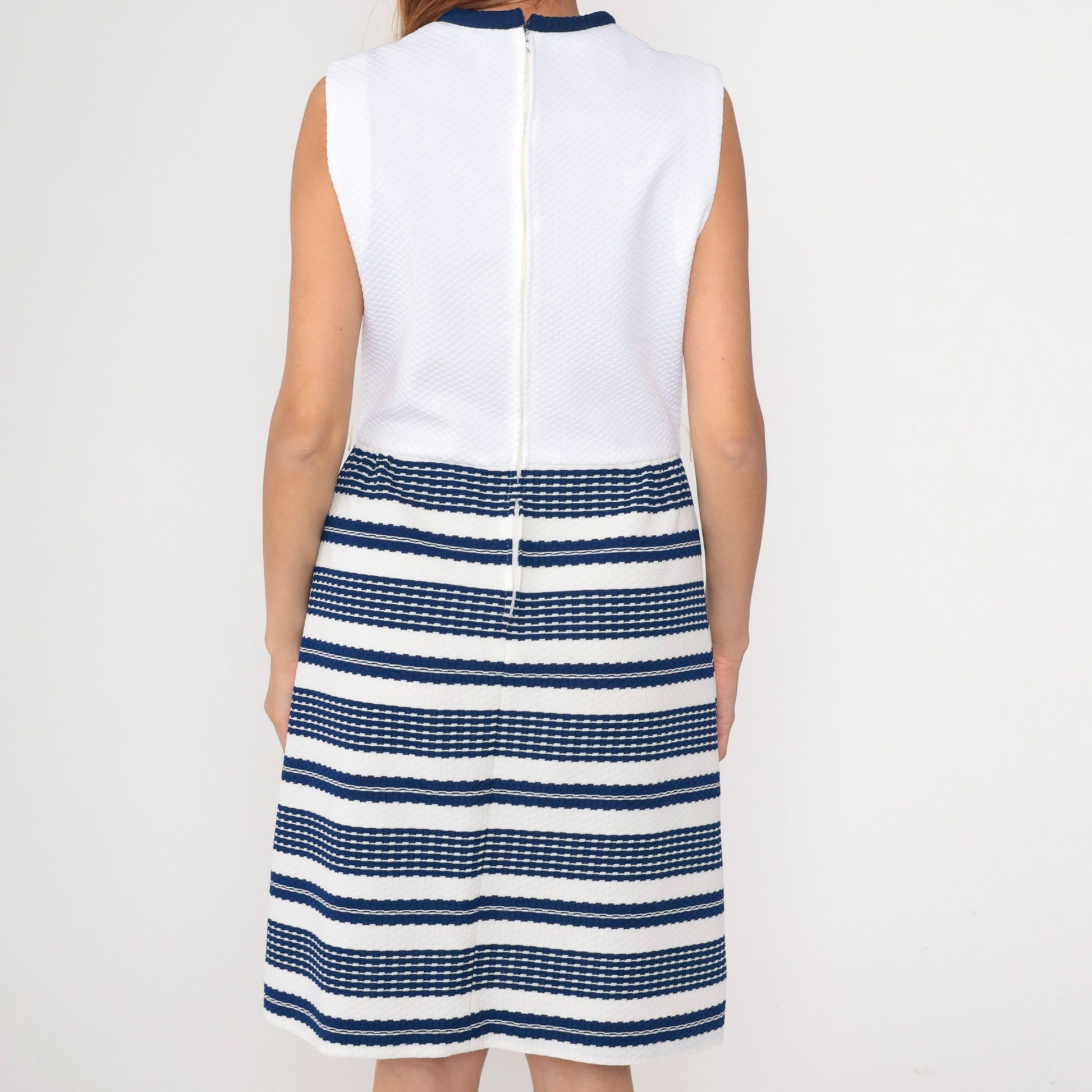60s Kay Windsor Striped A-Line Dress Navy White Knee-Length Sleeveless Medium