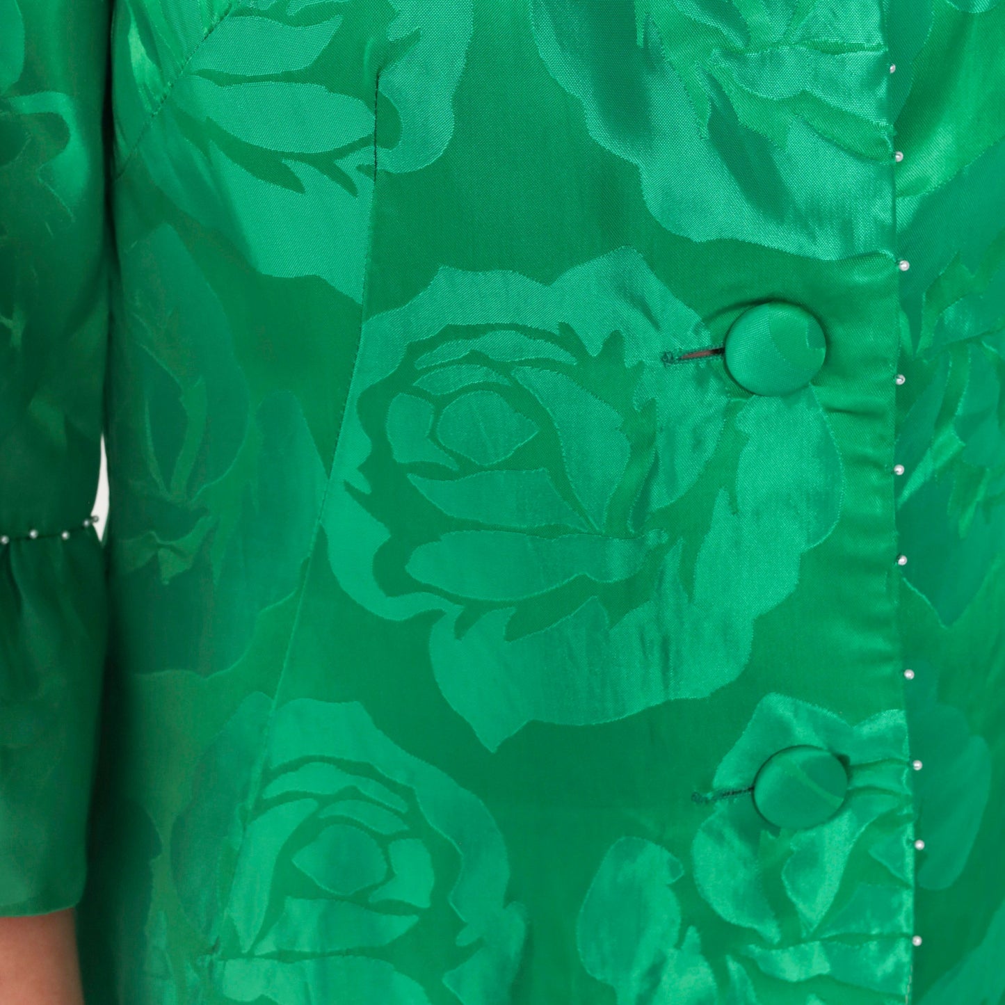 60s Alice of California Green Jacquard Floral Maxi Dress Pearl Beaded Peter Pan Collar Small
