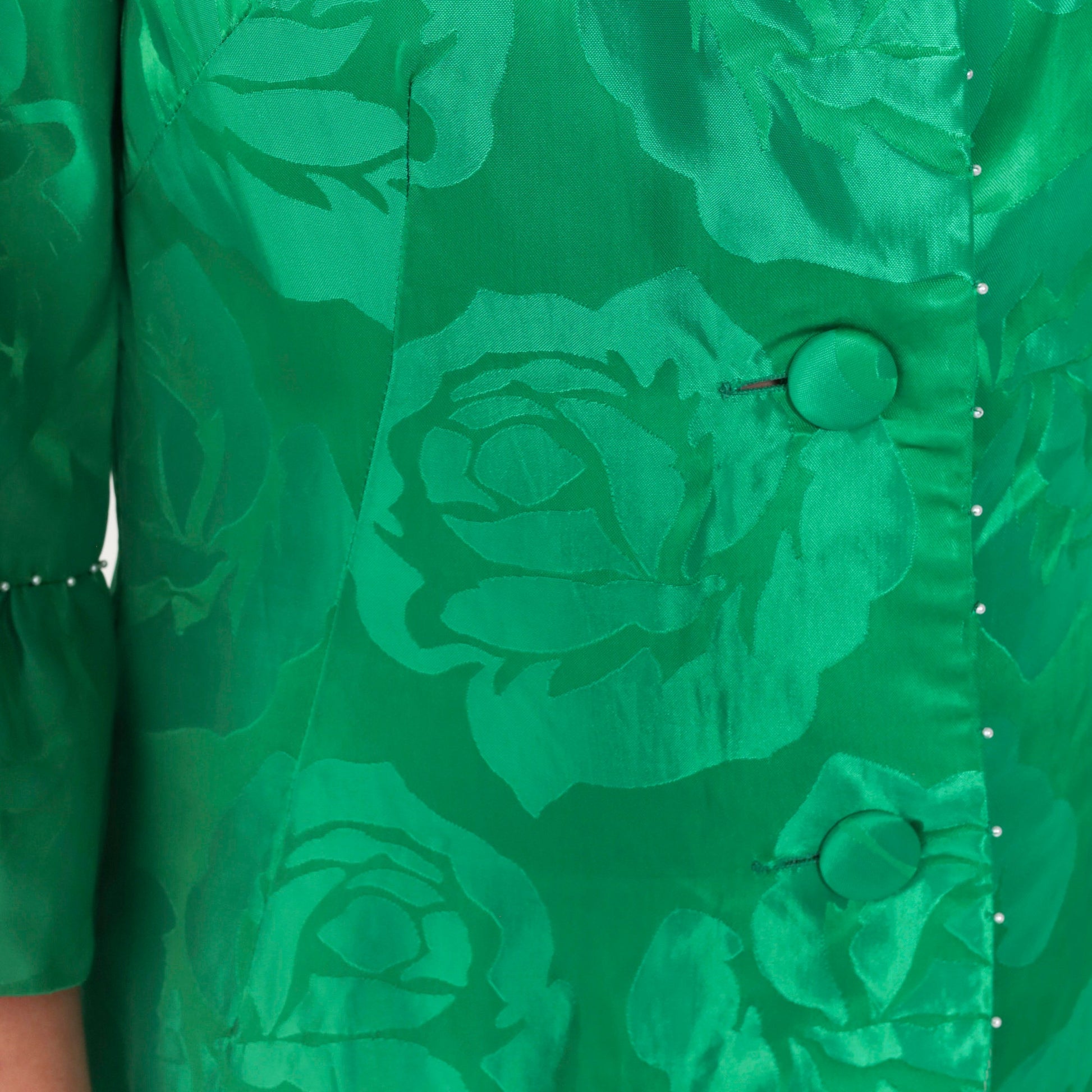 60s Alice of California Green Jacquard Floral Maxi Dress Pearl Beaded Peter Pan Collar Small