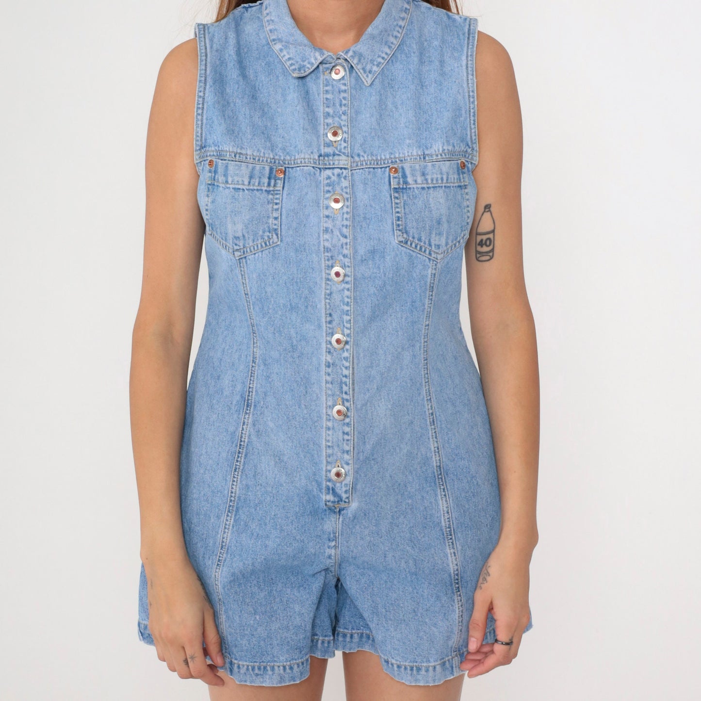 90s Denim Romper Keyhole Back Sleeveless Playsuit Small