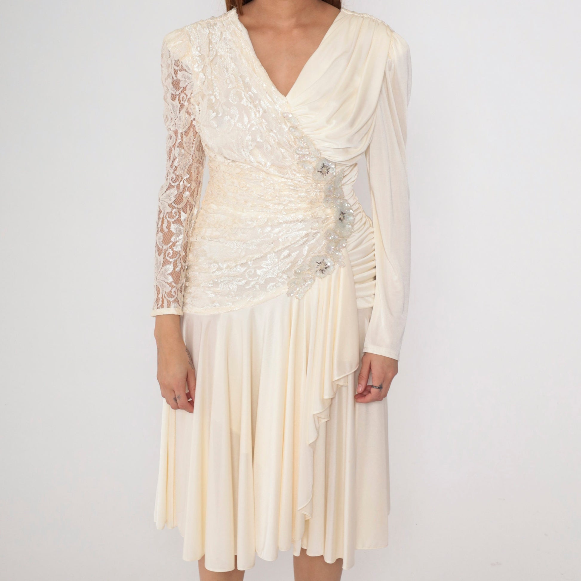80s Off-White Lace Midi Dress Beaded Sequin V-Neck Puff Sleeve Small