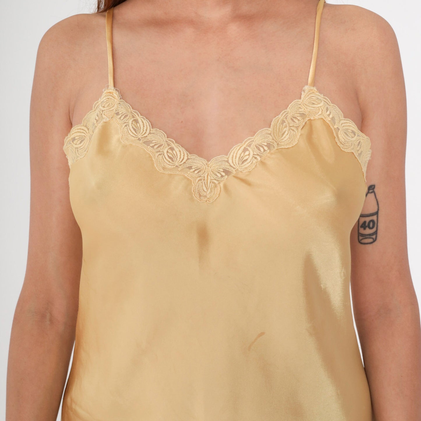 90s Gold Satin Slip Dress Lace Trim Spaghetti Strap Mini Chemise Small