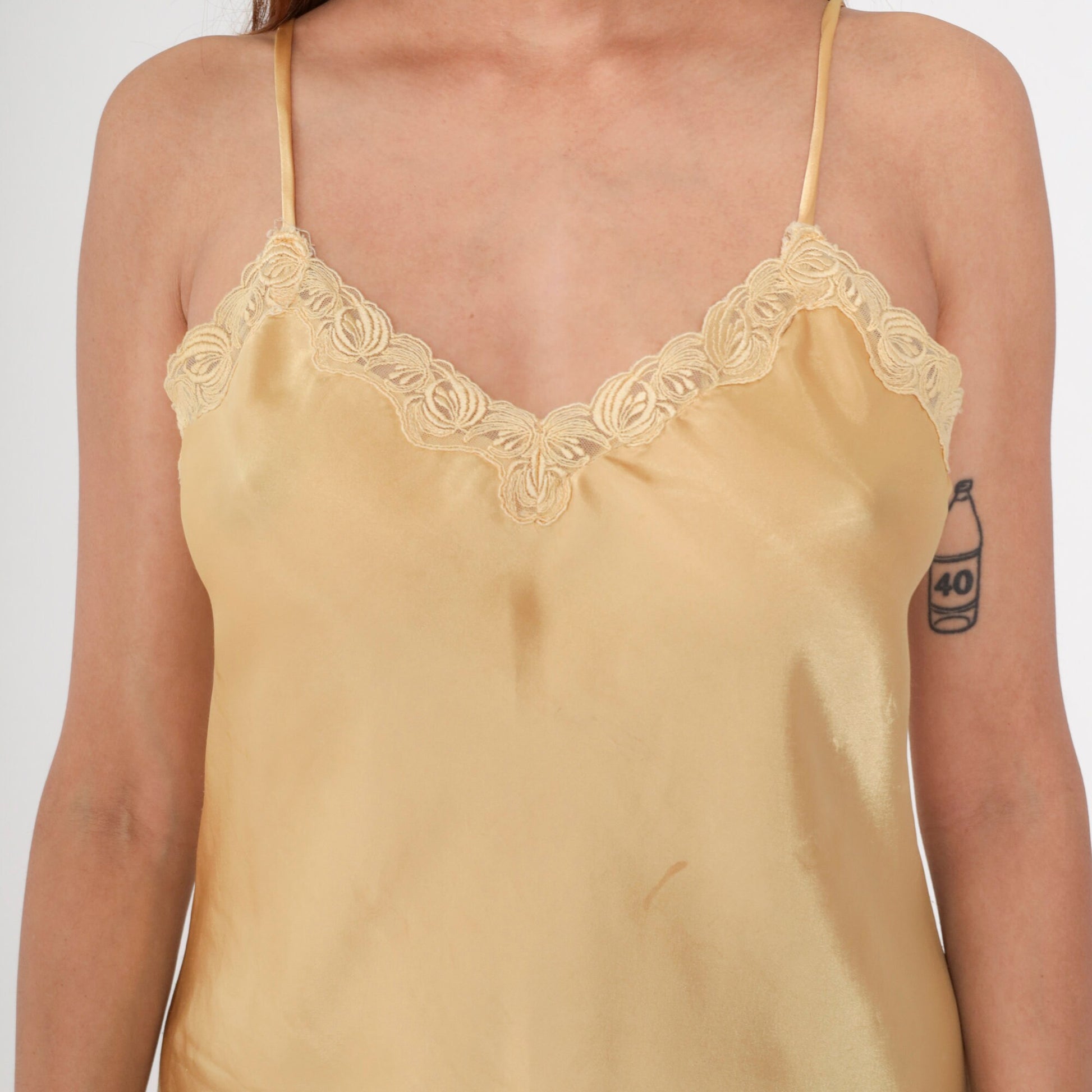 90s Gold Satin Slip Dress Lace Trim Spaghetti Strap Mini Chemise Small