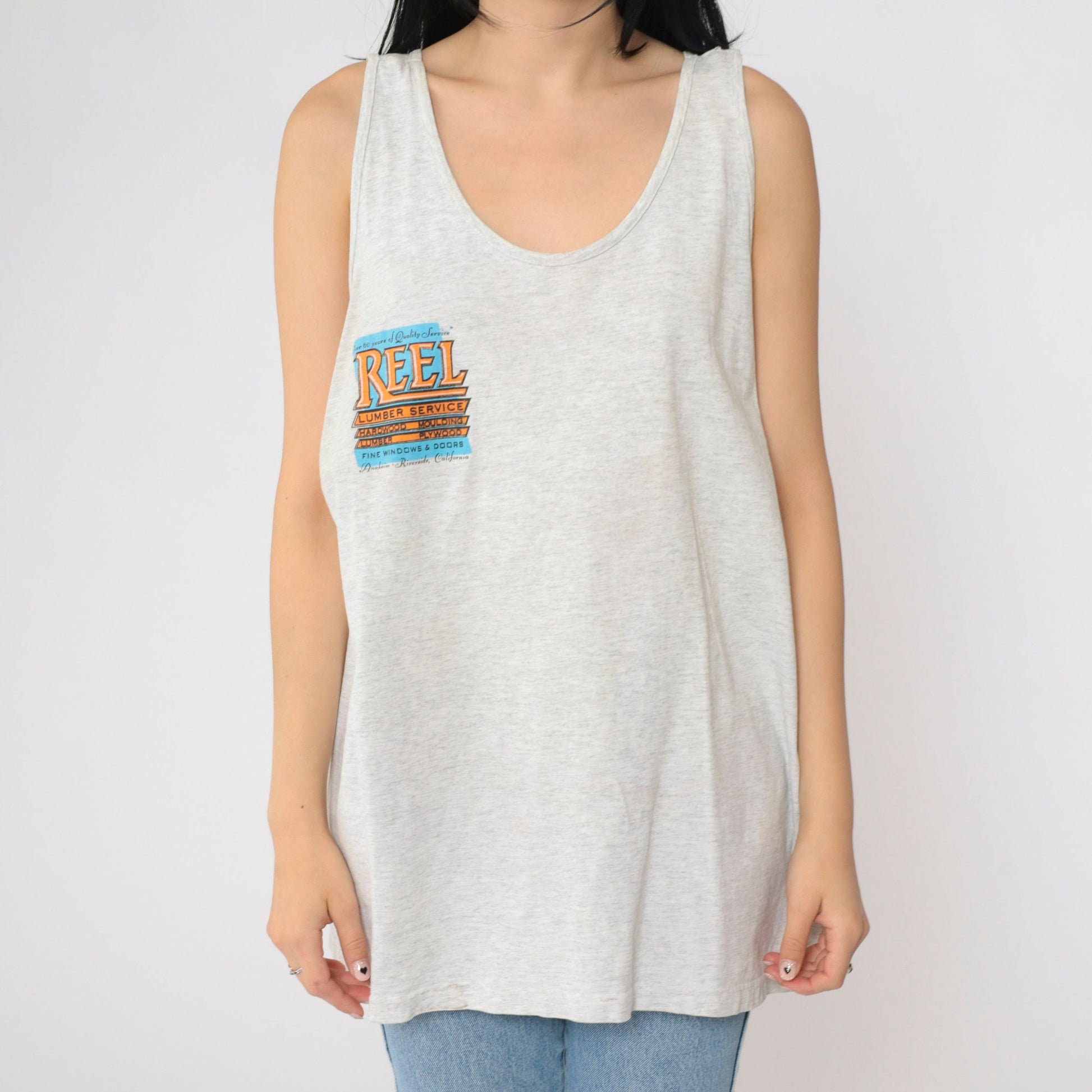 90s Reel Lumber Service Graphic Tank Top Beaver Cartoon Grey Extra Large XL