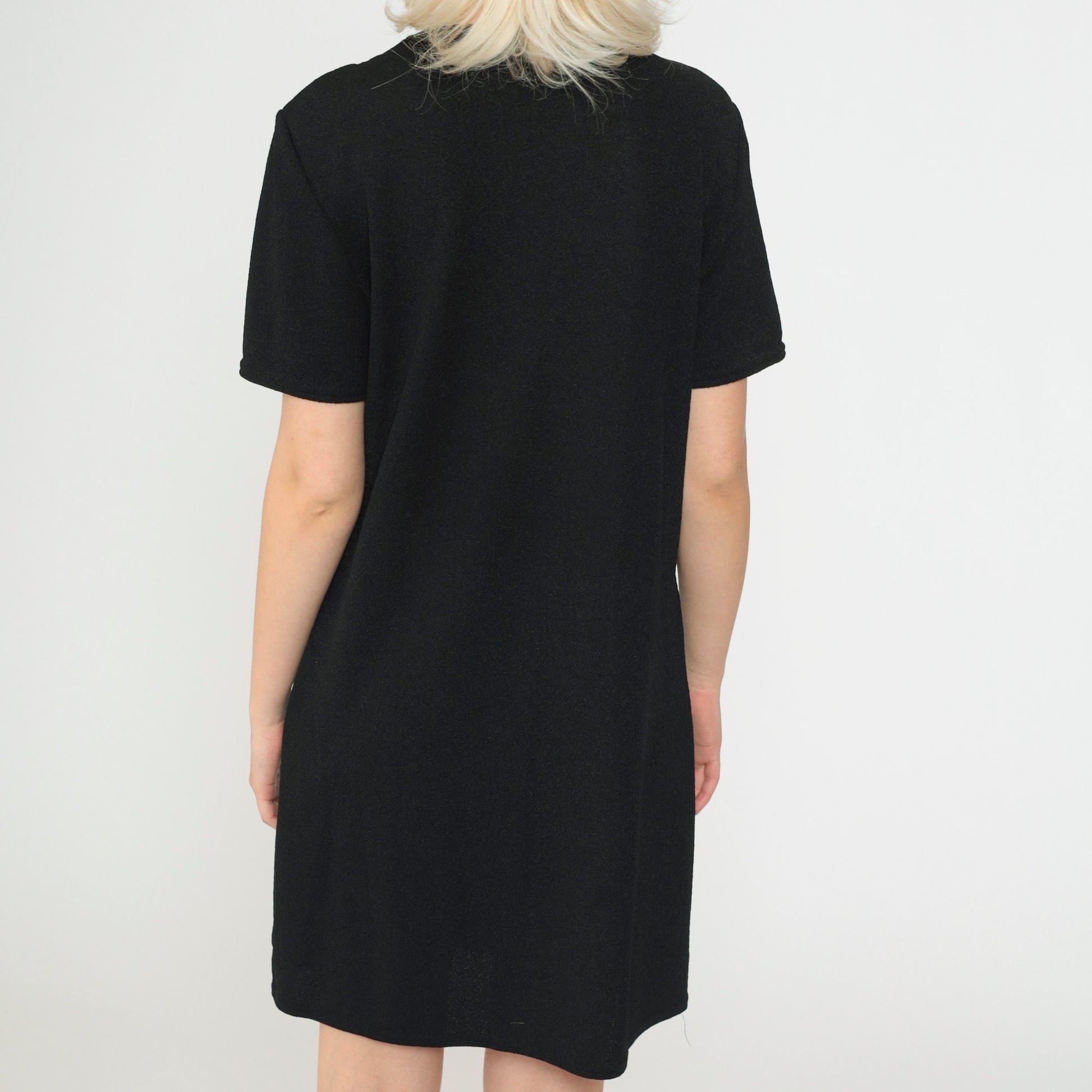 90s Black Striped Knit Dress Button Front V-Neck Short Sleeve Medium